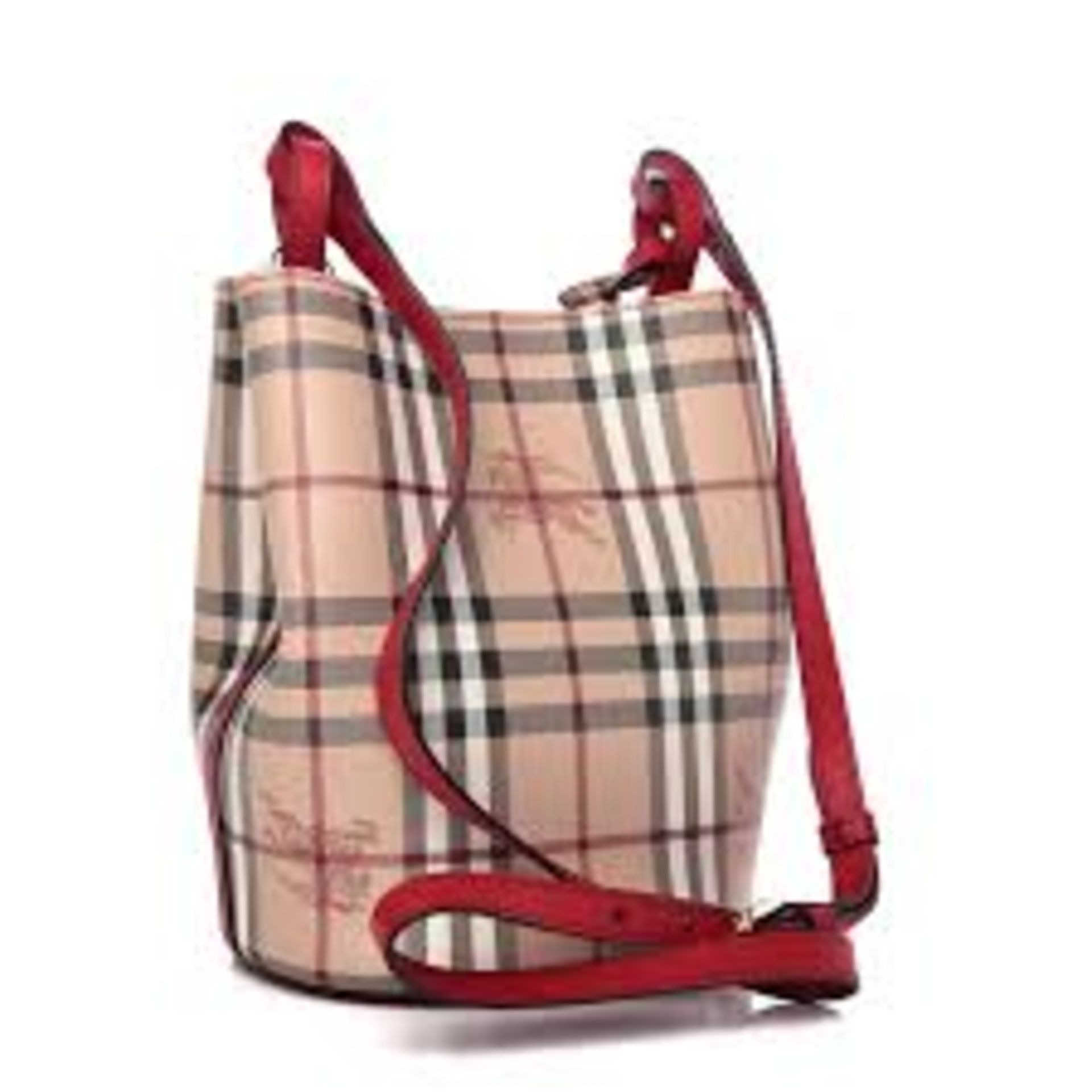 (No Vat) Burberry Leather And Haymarket Check Crossbody Bucket Bag Poppy Red approx 23x22cm. - Image 3 of 10