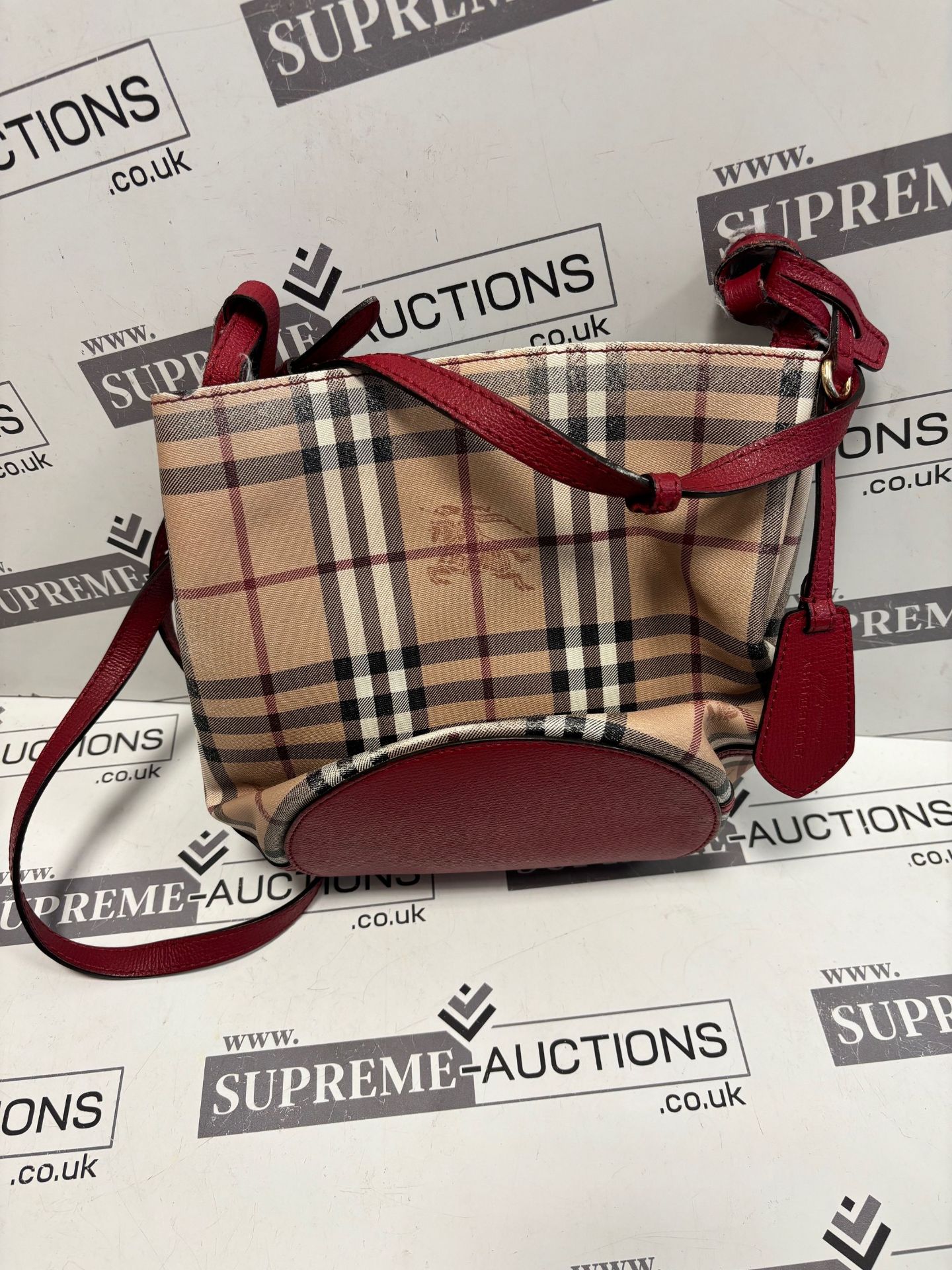(No Vat) Burberry Leather And Haymarket Check Crossbody Bucket Bag Poppy Red approx 23x22cm. - Image 7 of 10