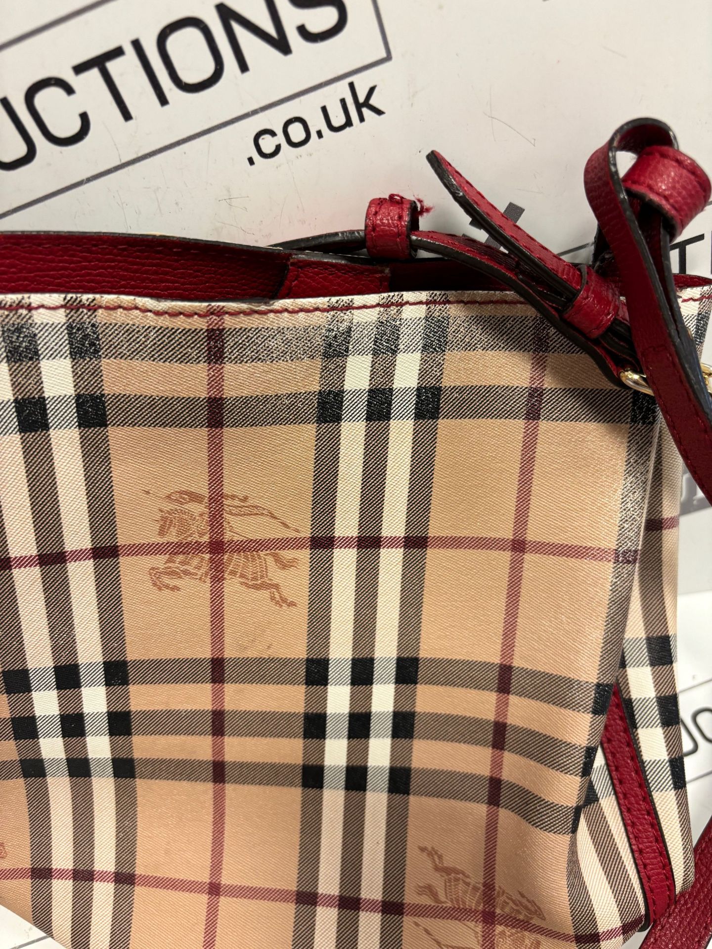 (No Vat) Burberry Leather And Haymarket Check Crossbody Bucket Bag Poppy Red approx 23x22cm. - Image 6 of 10