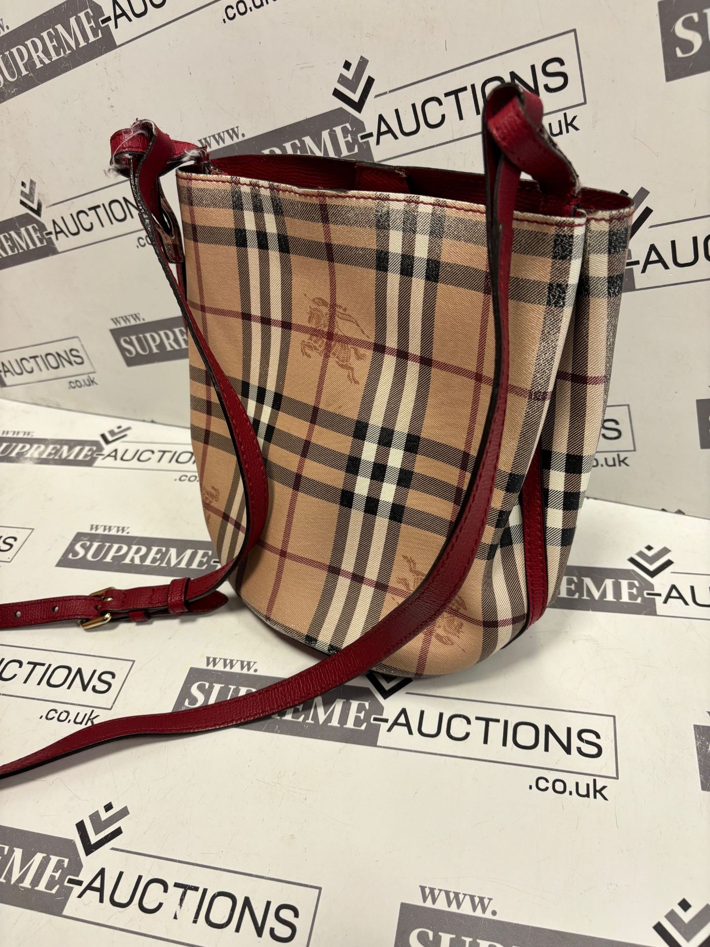 (No Vat) Burberry Leather And Haymarket Check Crossbody Bucket Bag Poppy Red approx 23x22cm. - Image 10 of 10