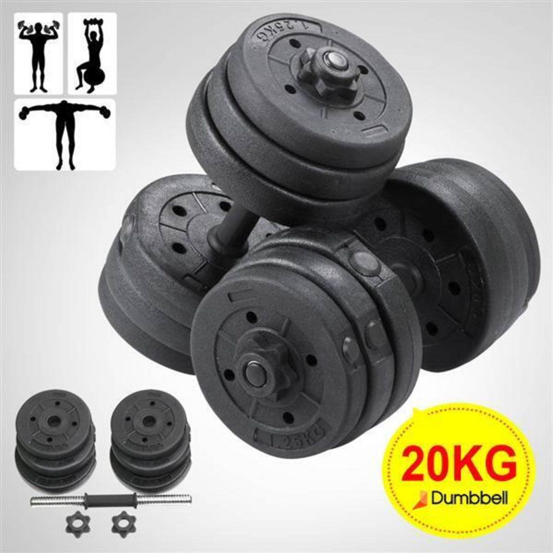 5 x SETS OF 2 - 20KG ADJUSTABLE WEIGHT DUMBBELL SETS. EACH SET INCLUDES: 4 X 3KG WEIGHTS, 2 X 2.