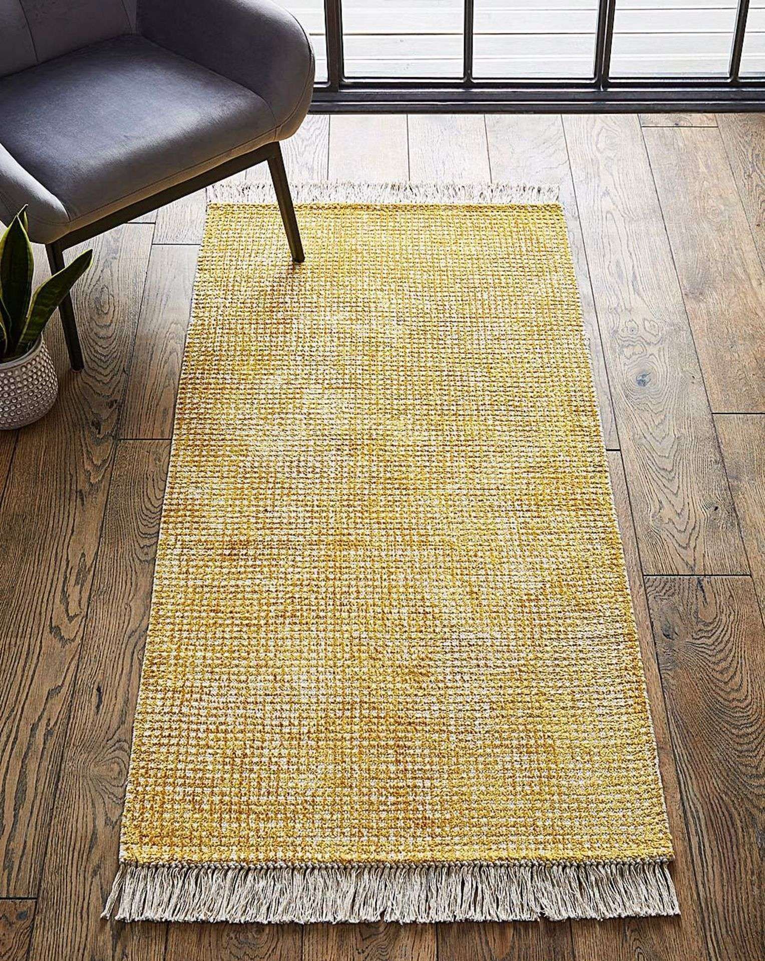 2x BRAND NEW Hallie Woven Fringe Rug 80CM X 150CM. NUGGET GOLD. RRP £69 EACH. A woven design that is