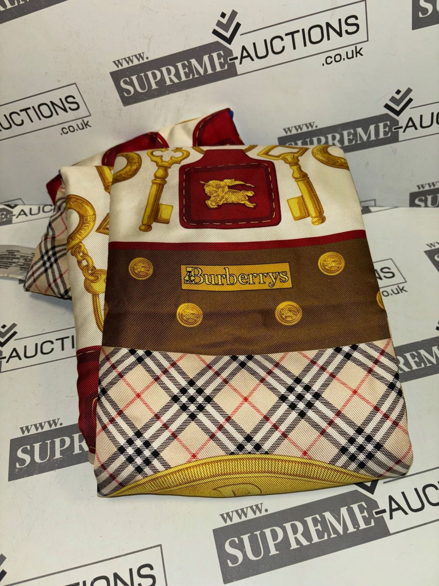 Genuine Burberry Multicolor Printed Silk Puffer Scarf, key charm pattern, vintage yellow. RRP £420 - Image 5 of 6
