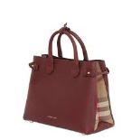 Genuine Burberry Banner In Leather And House Check Mahogany Red Bag. RRP £1,090.00. A structured