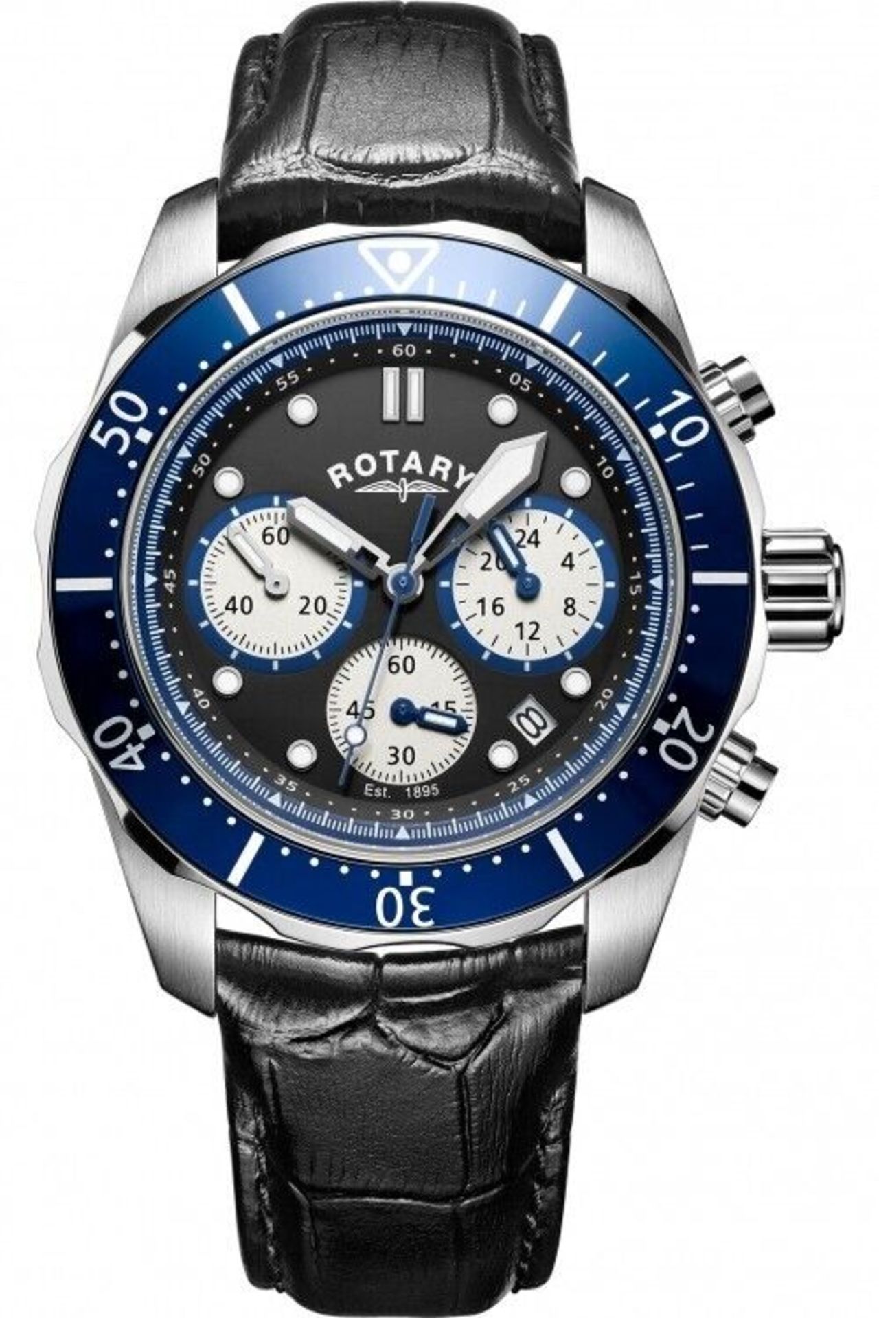 2x NEW & BOXED ROTARY Mens Chronograph Watch Blue Bezel Black Leather Strap GS00092/04. RRP £199
