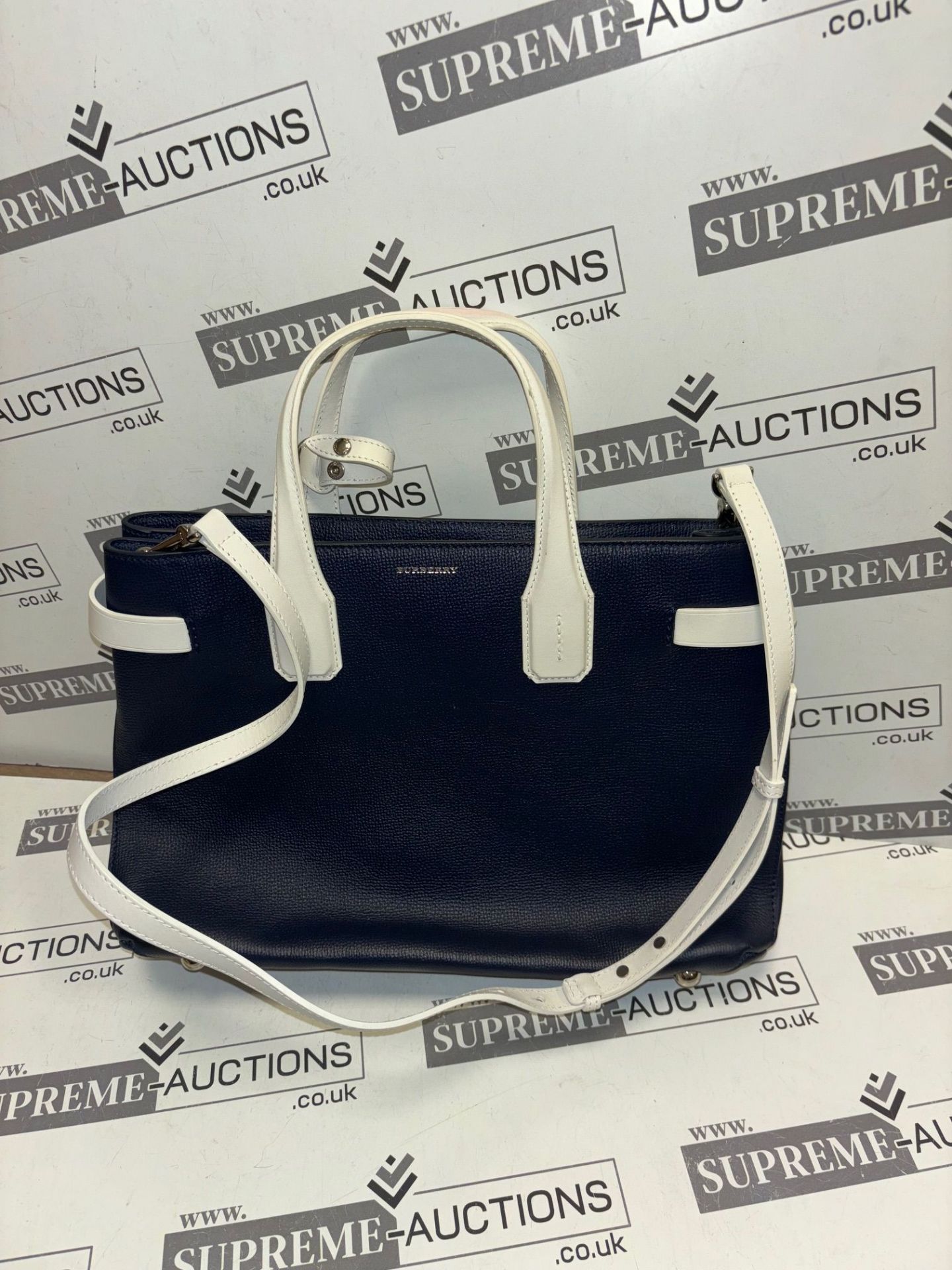 Genuine Burberry Navy Tote with White detail. Strap included. RRP £1,484.00. - Image 2 of 8