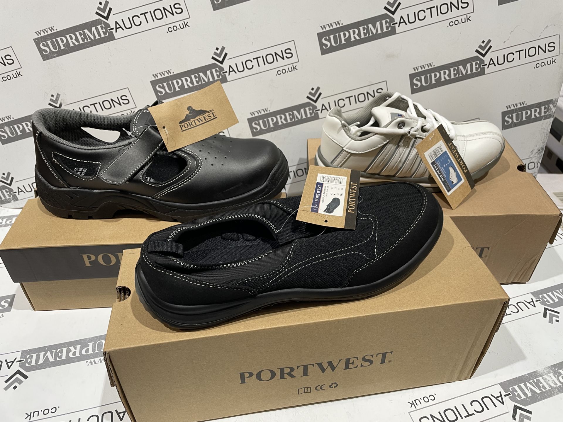 15 X BRAND NEW PAIRS OF PORTWEST PROFESSIONAL SAFETY SHOES IN VARIOUS DESIGNS AND SIZES INSL