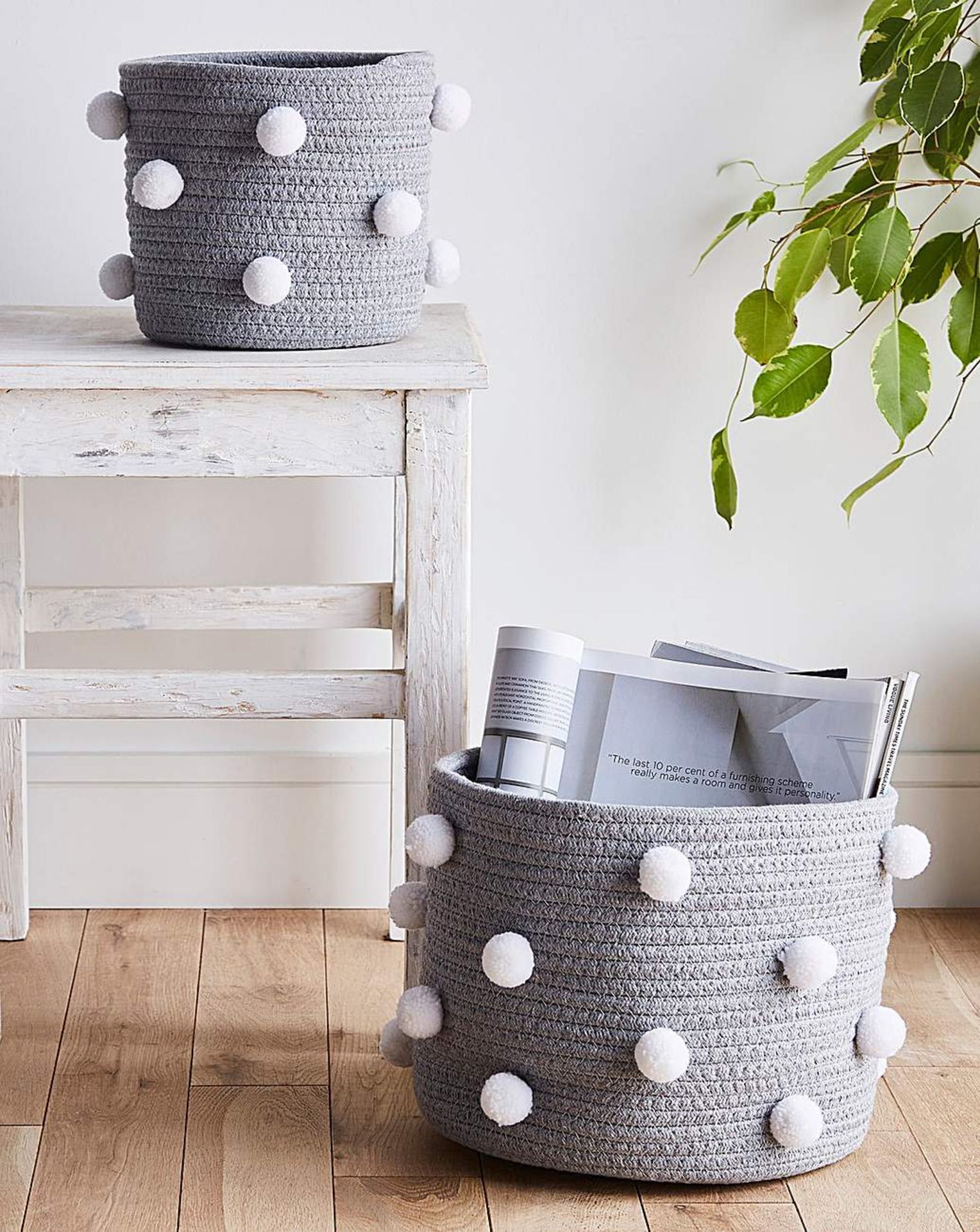 6 X BRAND NEW SETS OF 2 GREY POM POM STORAGE BASKETS R10-7