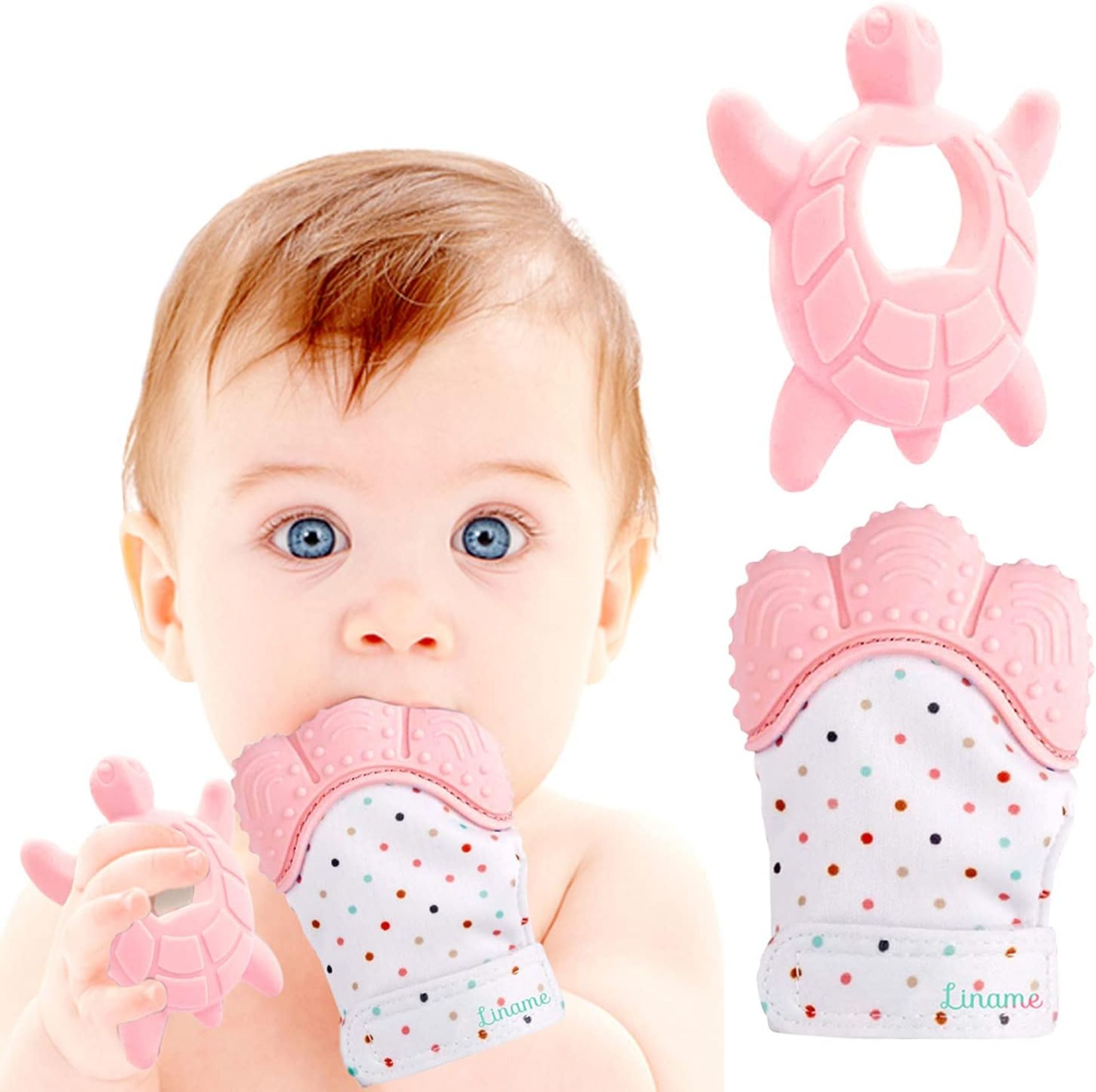 50 X BRAND NEW LINAME DELUXE TEETHING SETS PINK INCLUDING TEETHING TOY AND TEETHING MITTEN R10-11