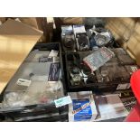 LARGE MIXED LOT IN 4 TRAYS INCLUDING CORNER CONNECTORS, HANDLES, SPRAY PAINT ETC R15-2