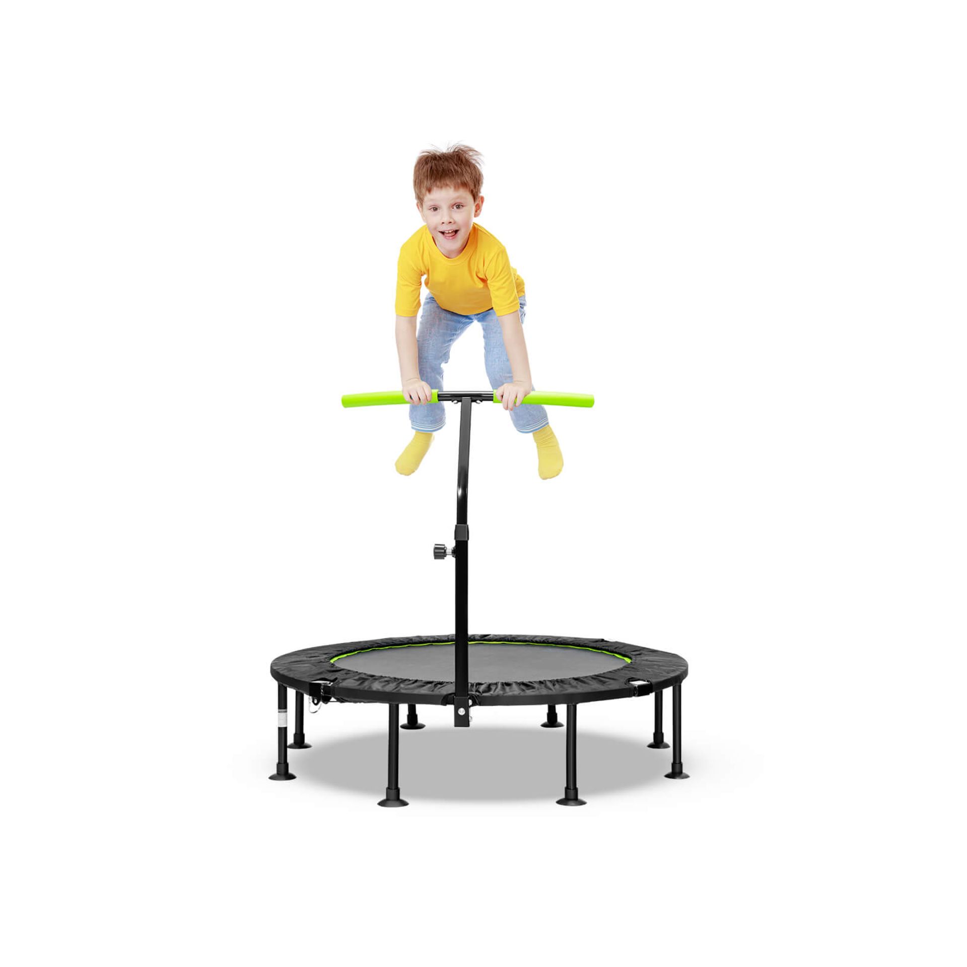 110 CM MINI TRAMPOLINE BOUNCE WITH HEIGHT ADJUSTABLE HANDRAIL-GREEN. - R13.6. The foam handrail is