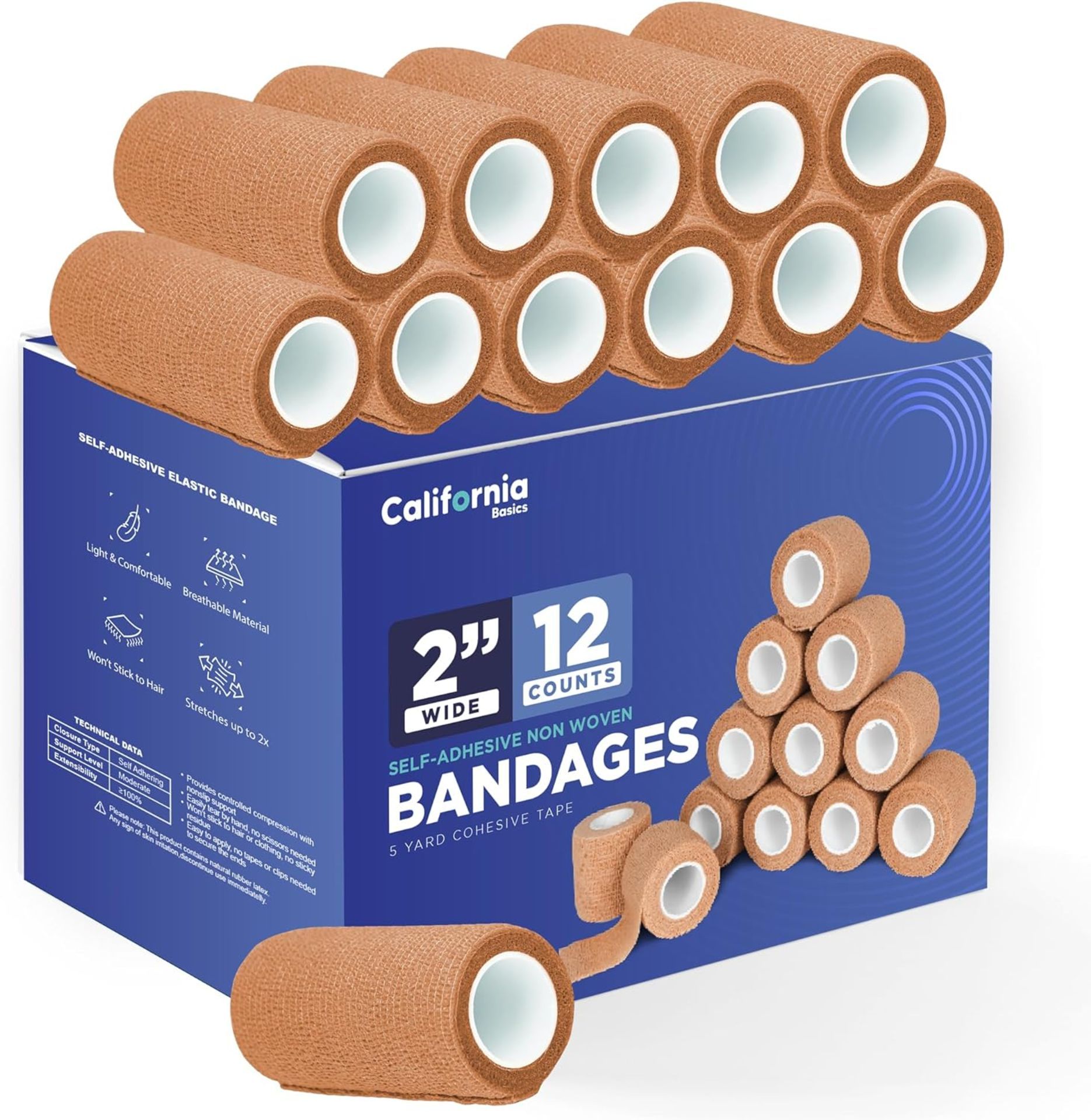 12 X BRAND NEW PACKS OF 24 CALIFORNIA SELF ADHESIVE NON WOVEN BANDAGES 2 INCH X 5 YARDS COHESIVE