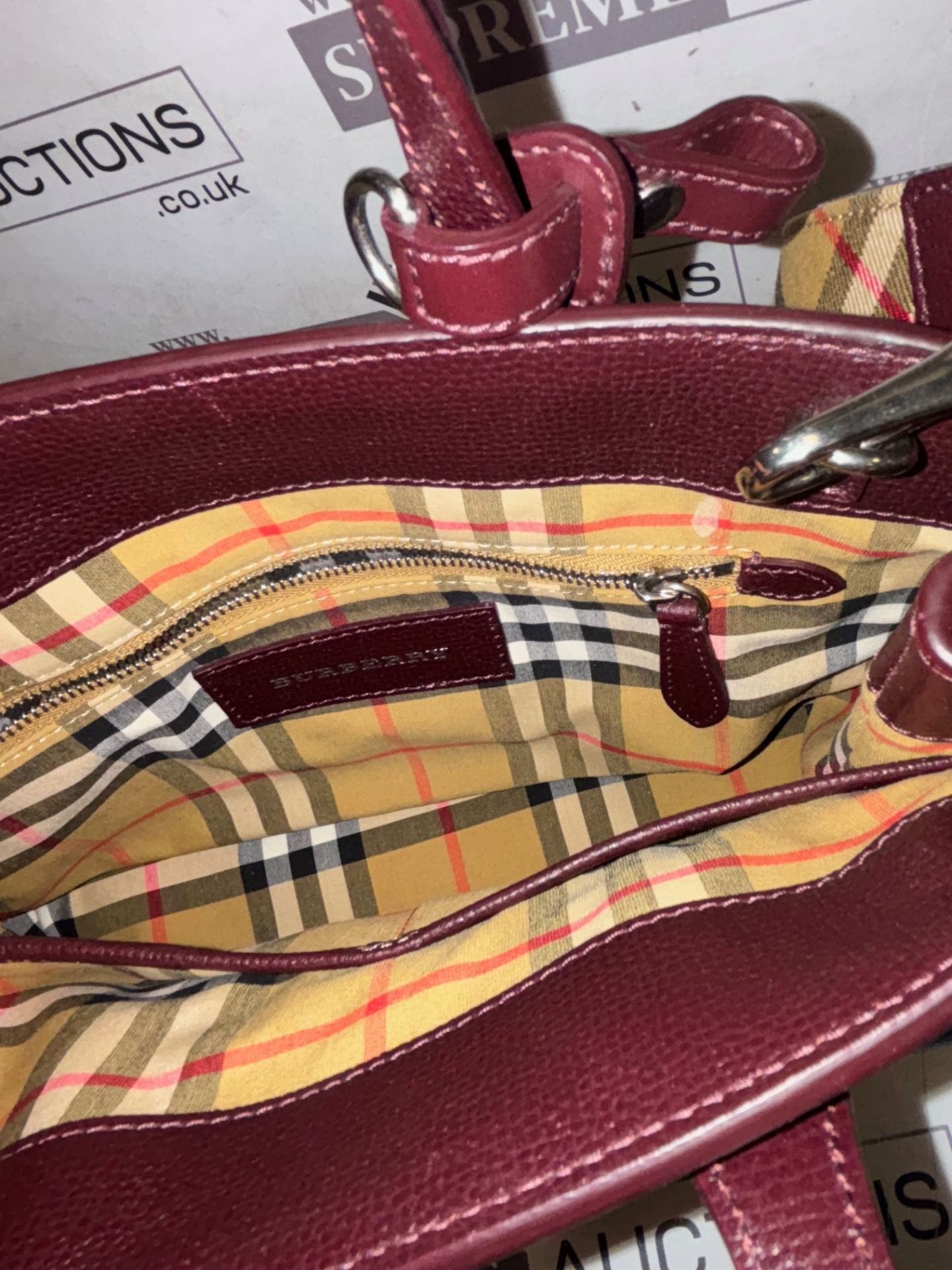 Genuine Burberry Derby Calfskin House Check Small Banner Tote Mahogany Red 7/28 - Image 8 of 9