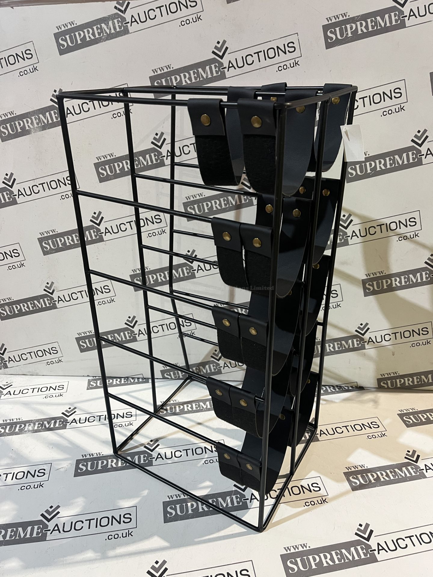 3x BRAND NEW 5 TIER MODERN DESIGN BLACK METAL & LEATHER WINE RACKS. (R15-12)