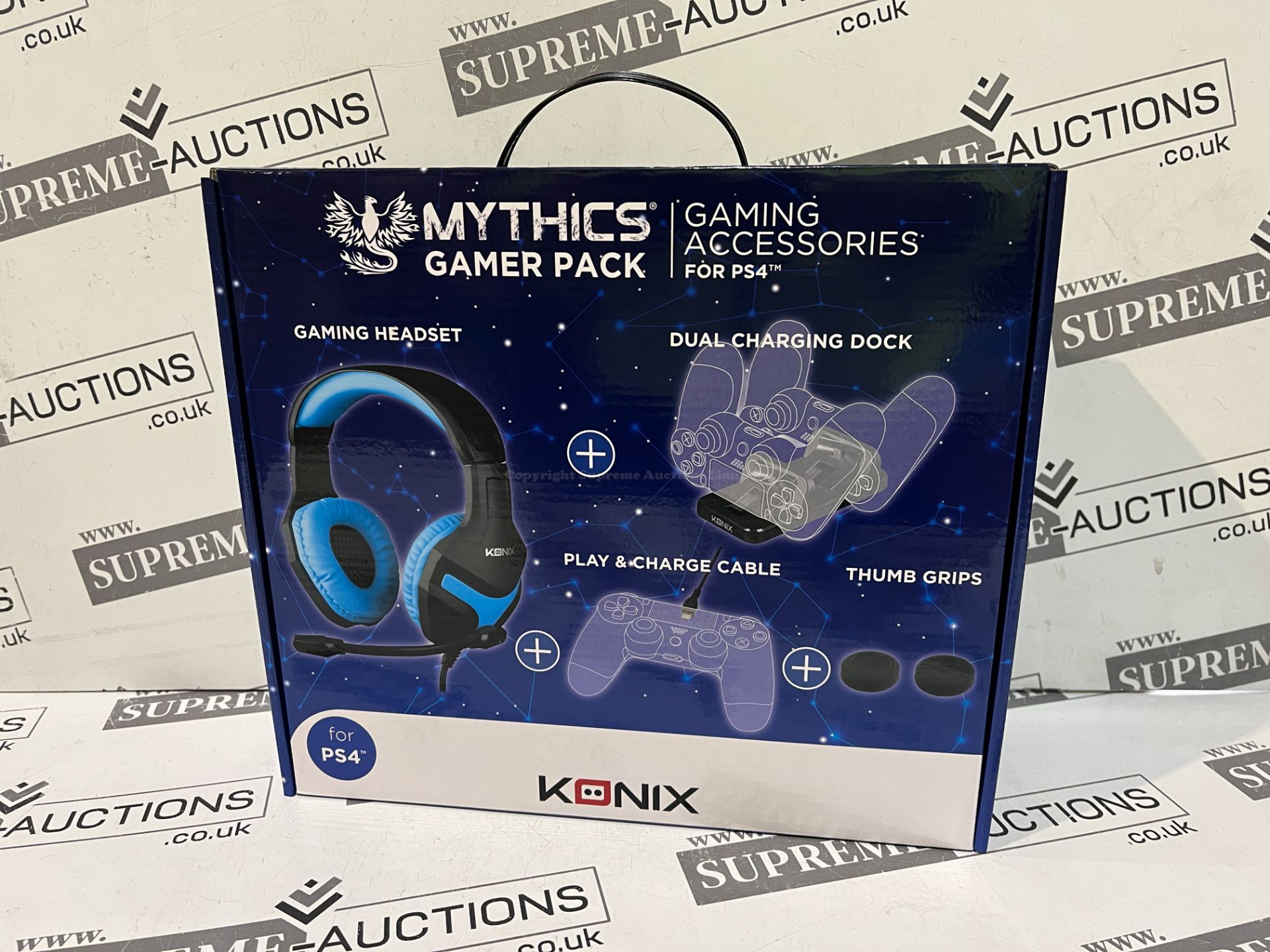 5x BRAND NEW KONIX MYTHICS GAMER PACK INCLUDING HEADSET, CHARGING DOCK, CABLE, THUMB GRIPS. (R15-9)