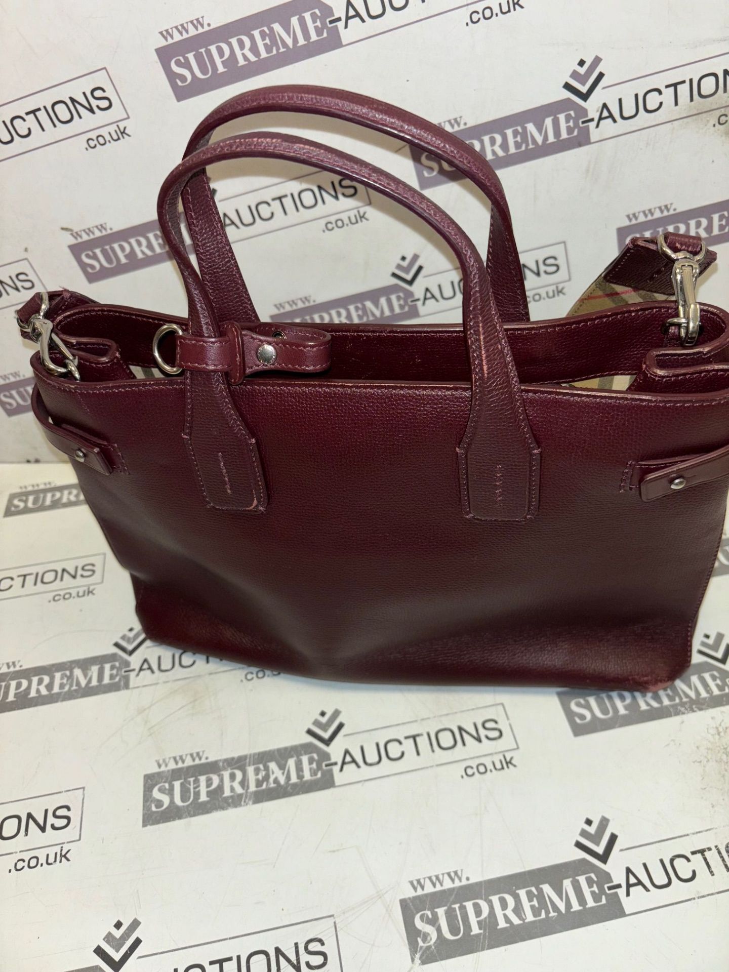 Genuine Burberry Derby Calfskin House Check Small Banner Tote Mahogany Red 18/28 - Image 7 of 10