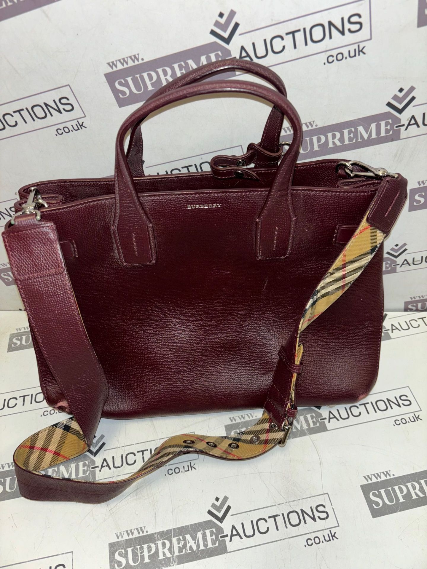 Genuine Burberry Derby Calfskin House Check Small Banner Tote Mahogany Red 18/28 - Image 3 of 10