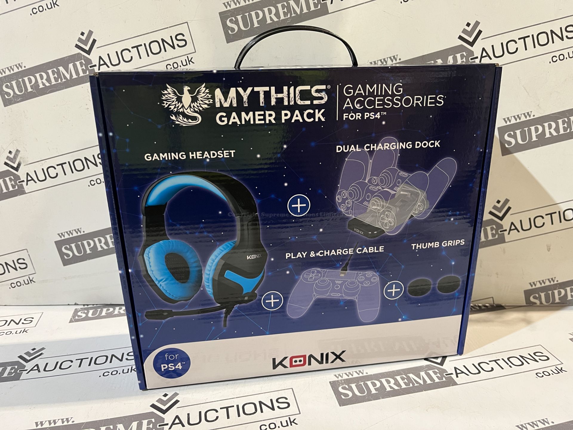 12x BRAND NEW KONIX MYTHICS GAMER PACK INCLUDING HEADSET, CHARGING DOCK, CABLE, THUMB GRIPS. (R15-