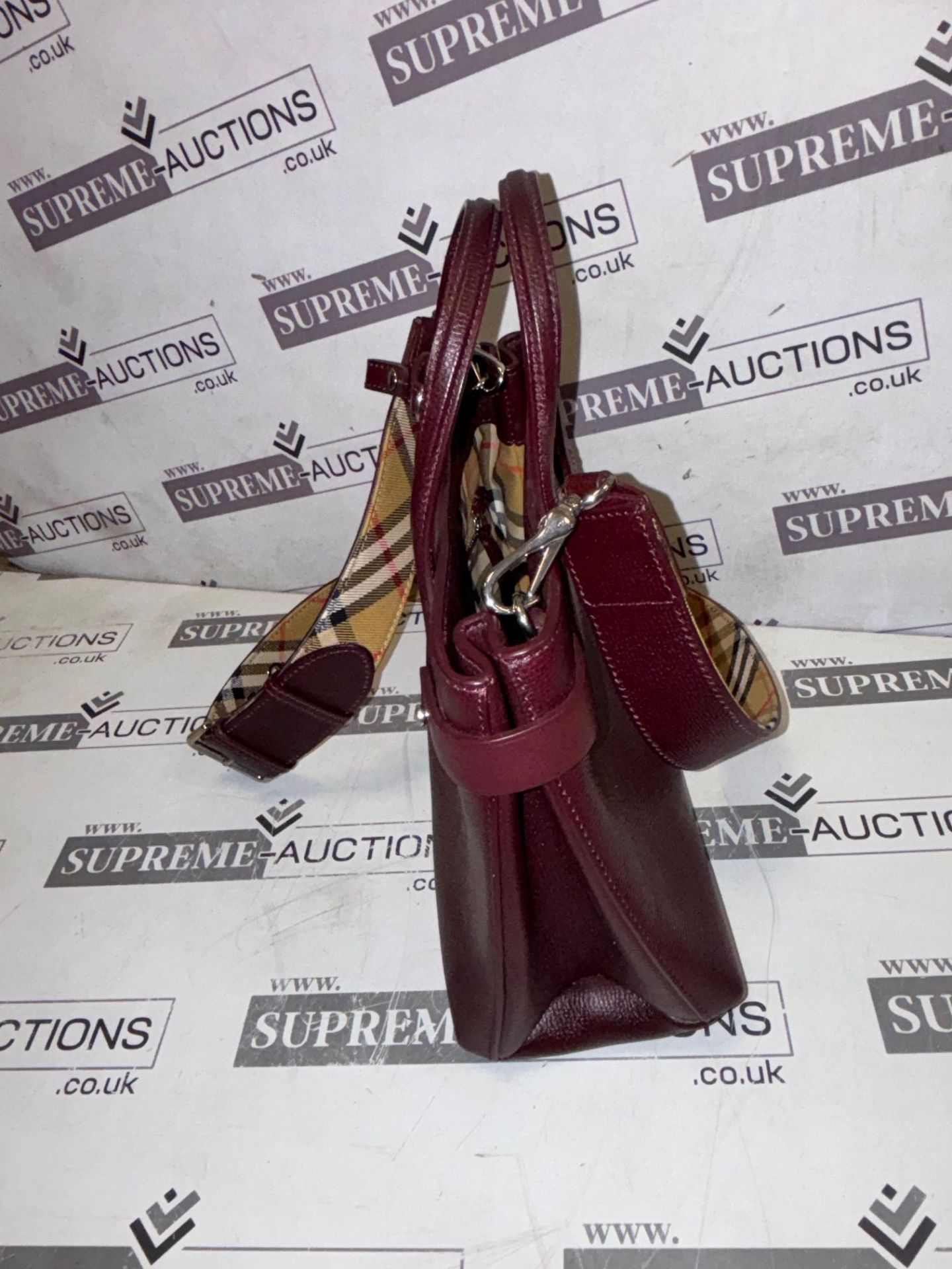 Genuine Burberry Derby Calfskin House Check Small Banner Tote Mahogany Red 7/28 - Image 7 of 9