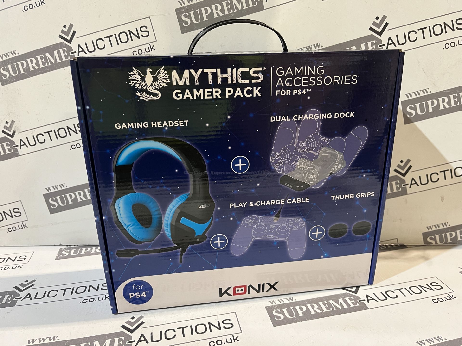 12x BRAND NEW KONIX MYTHICS GAMER PACK INCLUDING HEADSET, CHARGING DOCK, CABLE, THUMB GRIPS. (R15-