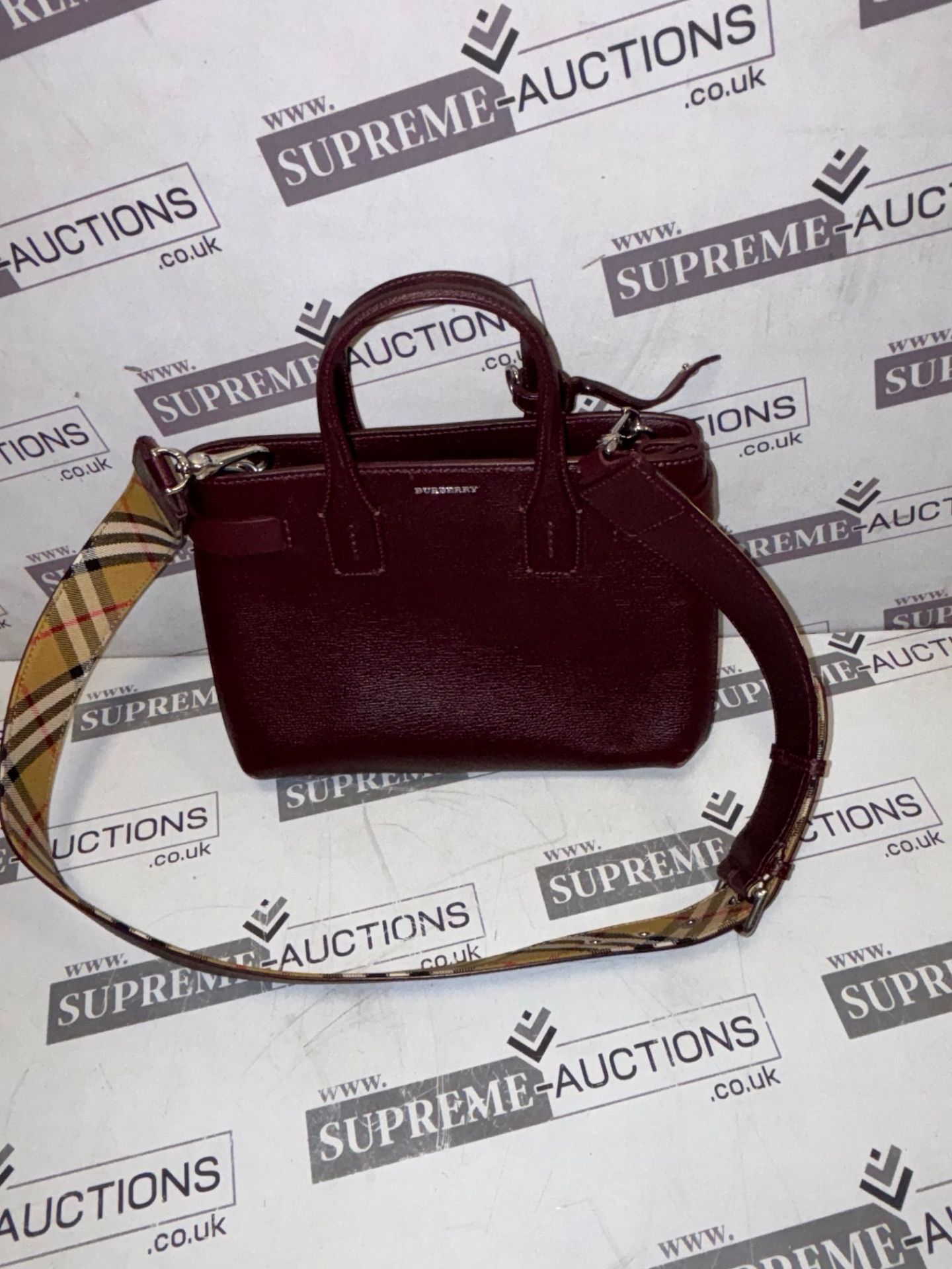 Genuine Burberry Derby Calfskin House Check Small Banner Tote Mahogany Red 7/28 - Image 3 of 9