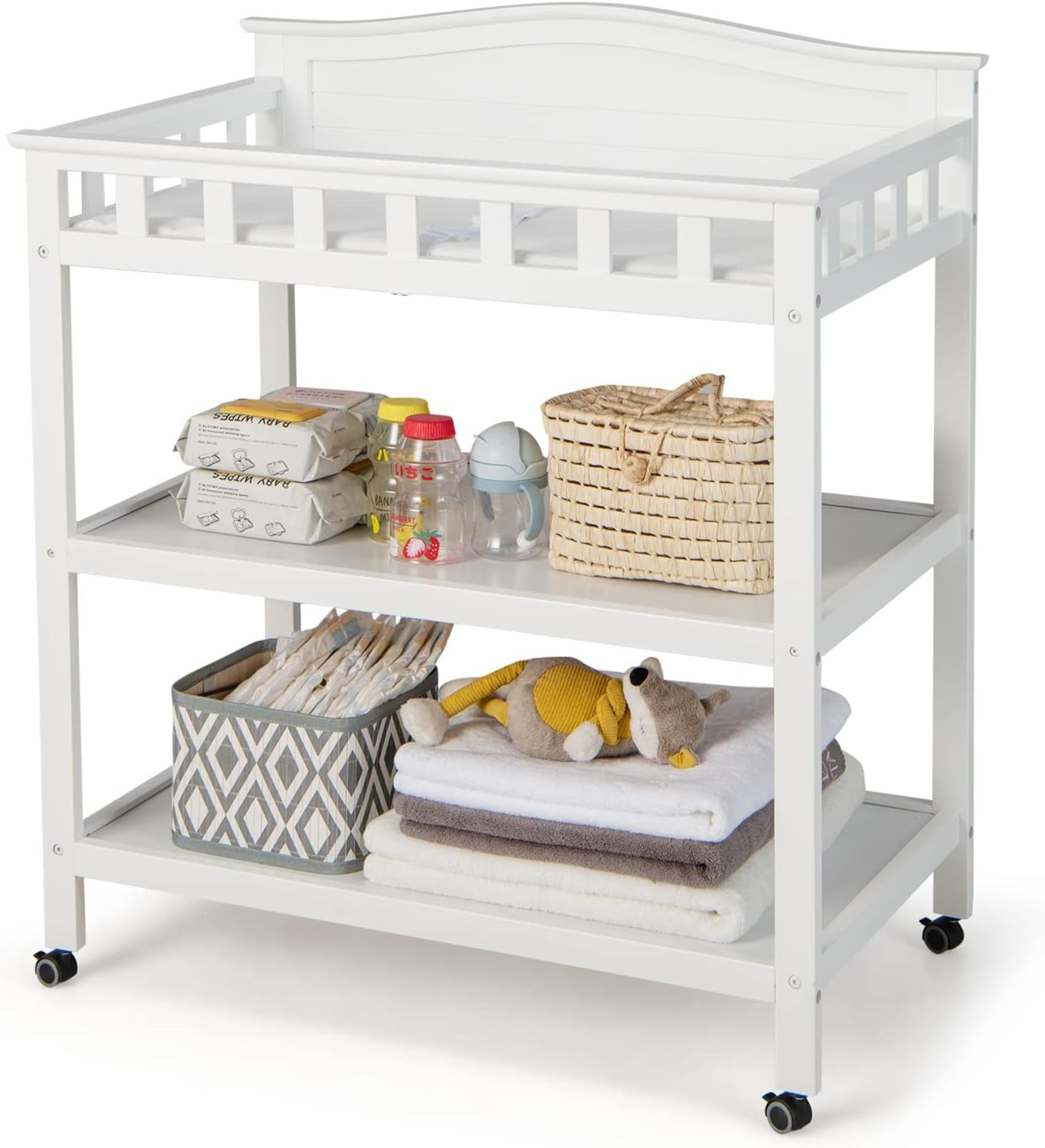 Baby Changing Table, Mobile Infant Diaper Station with 2 Open Shelves and Lockable Wheels, Wooden