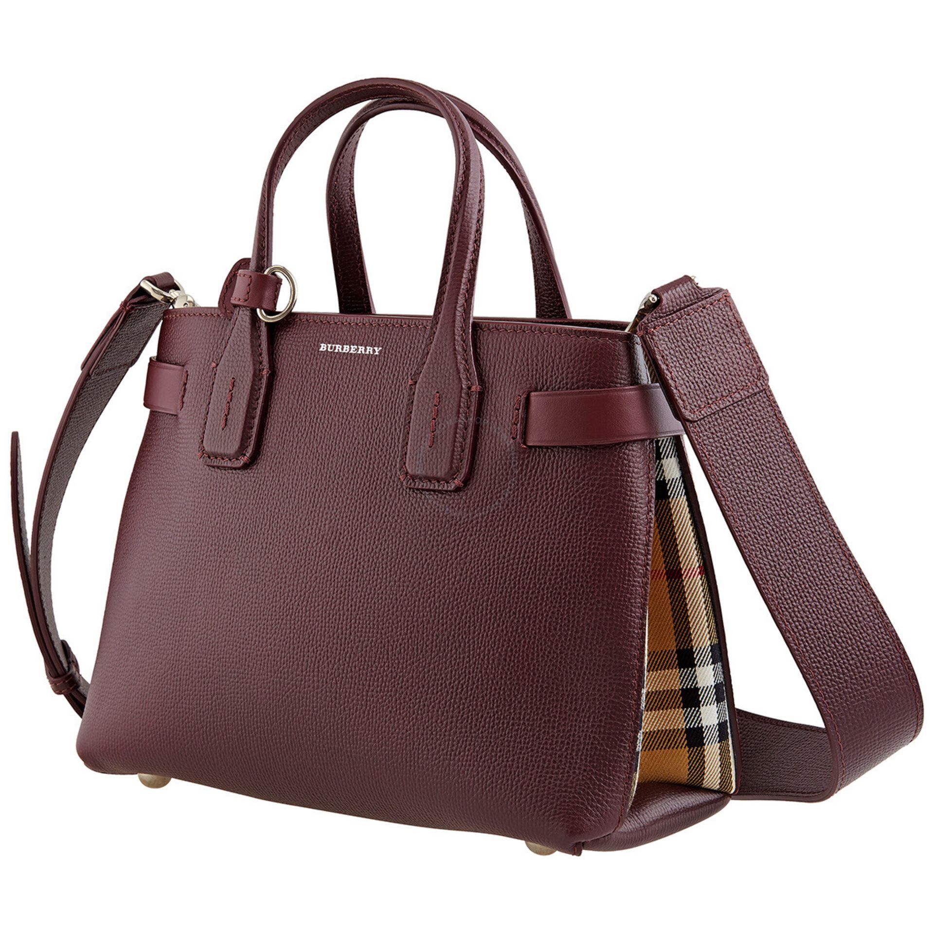 Genuine Burberry Derby Calfskin House Check Small Banner Tote Mahogany Red 7/28 - Image 2 of 9