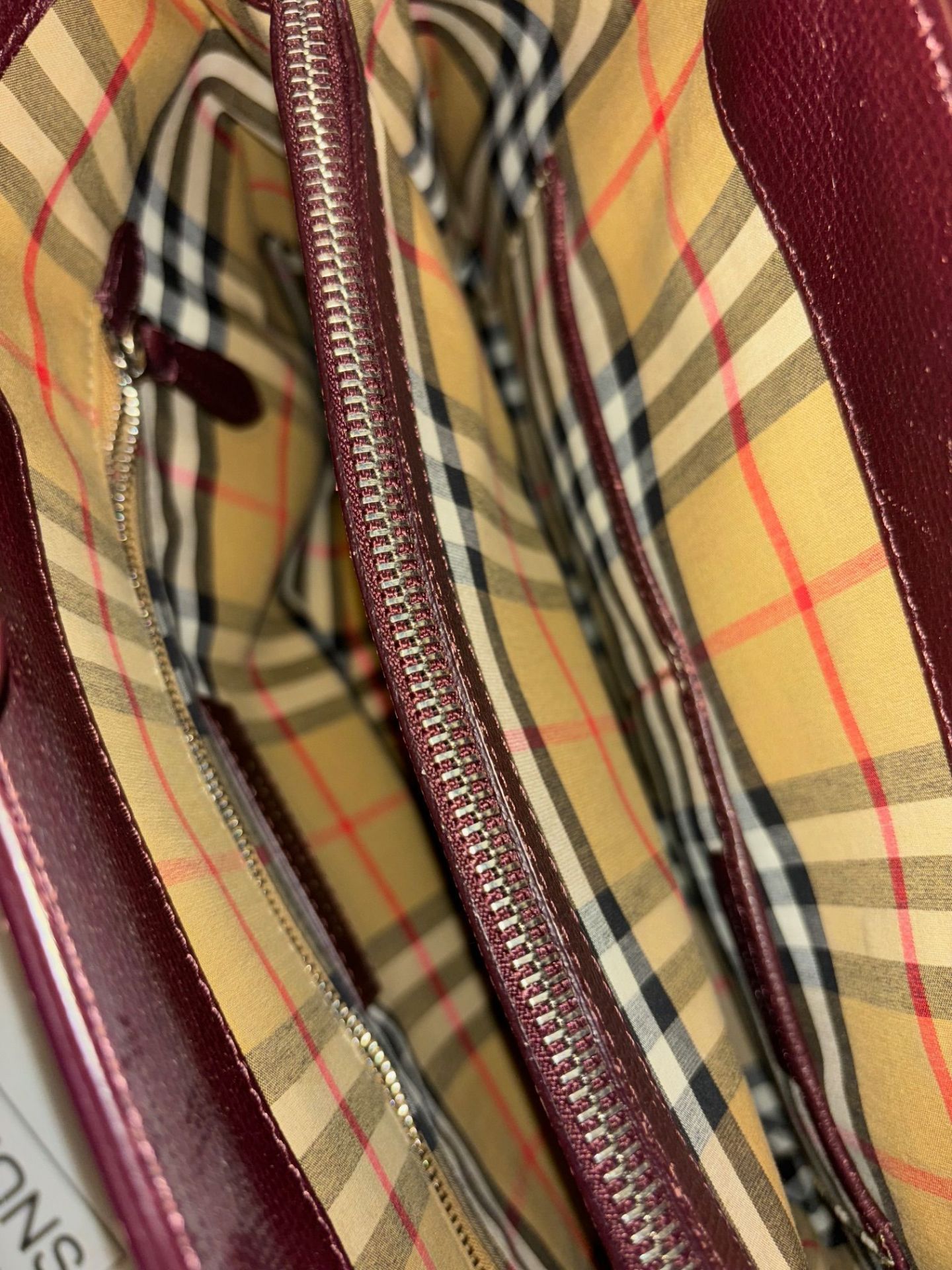 Genuine Burberry Derby Calfskin House Check Small Banner Tote Mahogany Red 18/28 - Image 8 of 10
