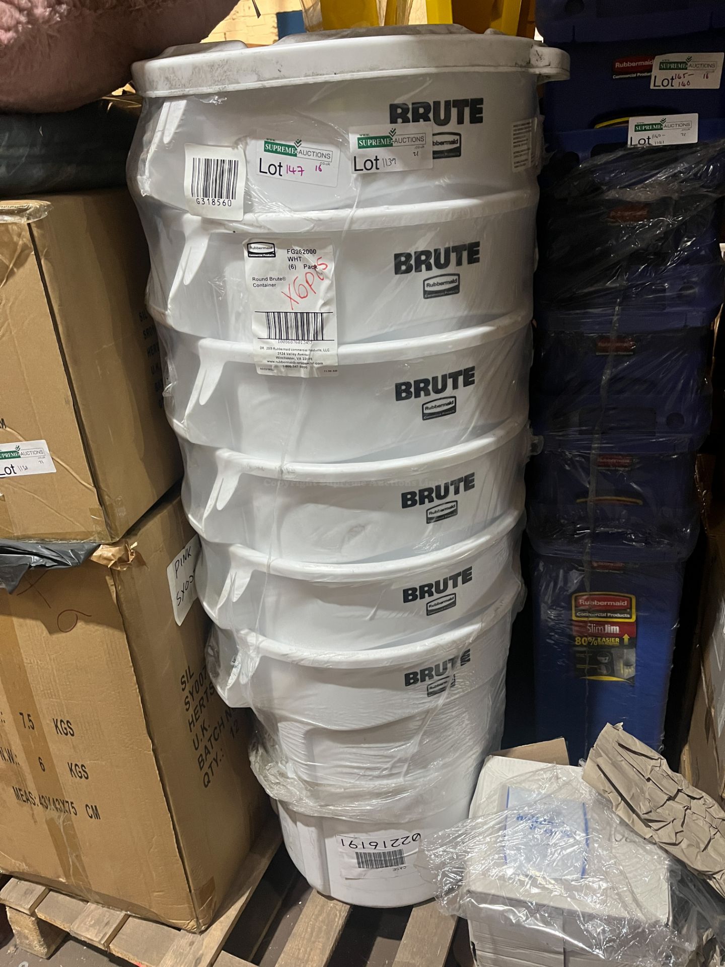 6 X BRAND NEW RUBBERMAID BRUTE 75.7L HEAVU DUTY ROUND WASTE AND UTILITY CONTAINERS WHITE R19-6