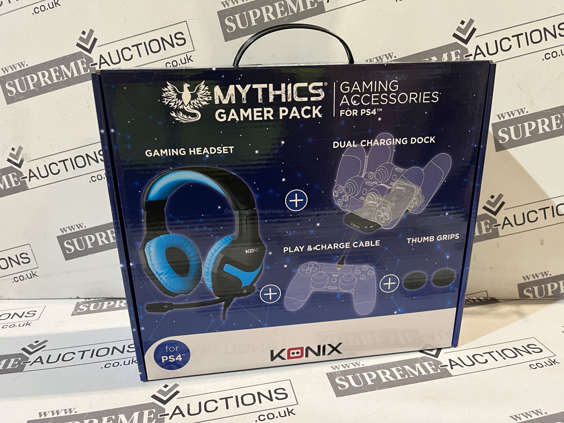 12x BRAND NEW KONIX MYTHICS GAMER PACK INCLUDING HEADSET, CHARGING DOCK, CABLE, THUMB GRIPS. (R15-