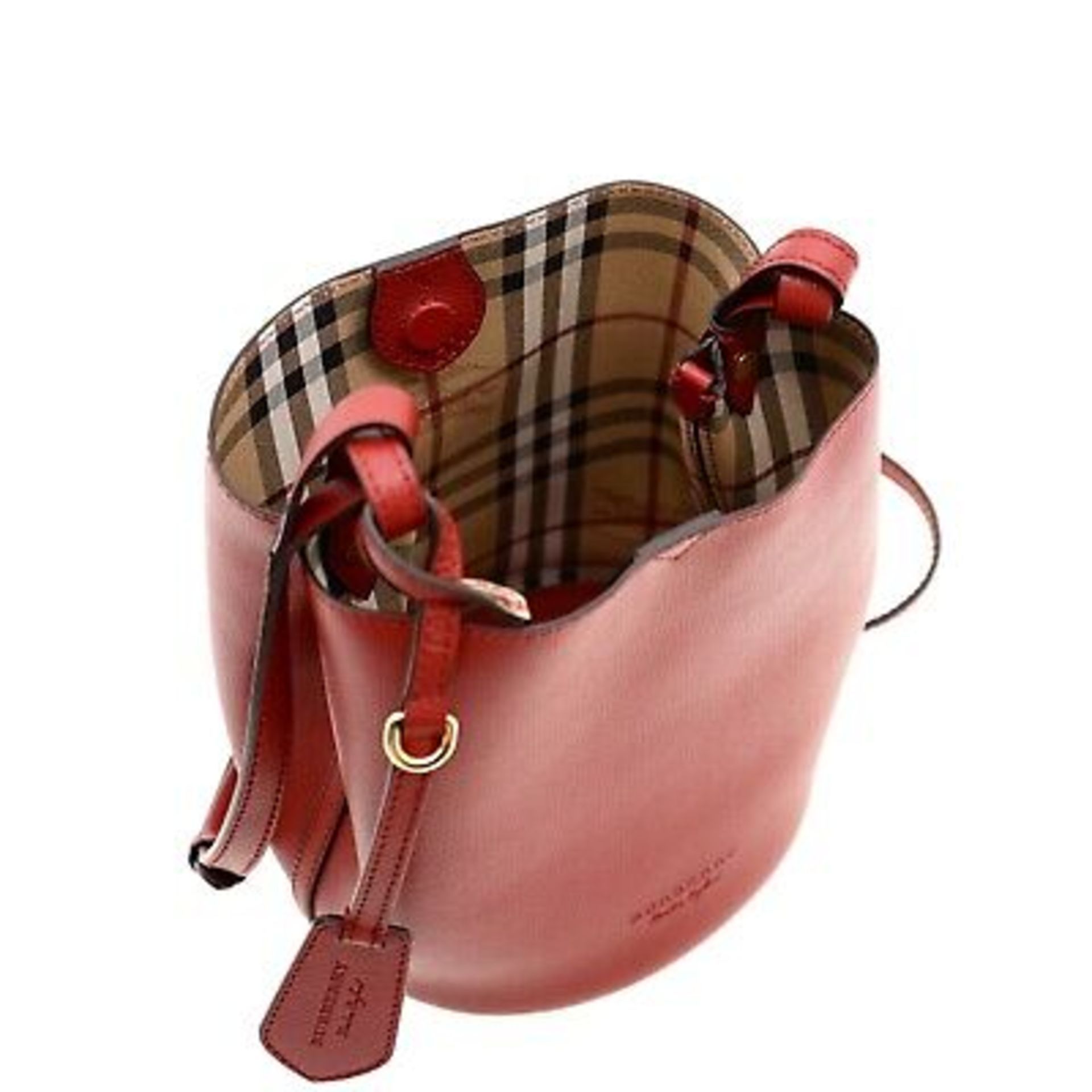 Genuine Burberry Lorne Bucket Bag Crossbody Red Leather Heymarket Check 15/28 - Image 3 of 11