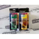 72 X NEW PACKAGED MAJOR FLAME ELECTRONIC RE-FILLABLE GIANT LIGHTERS IN ASSORTED DESIGNS/COLOURS. (