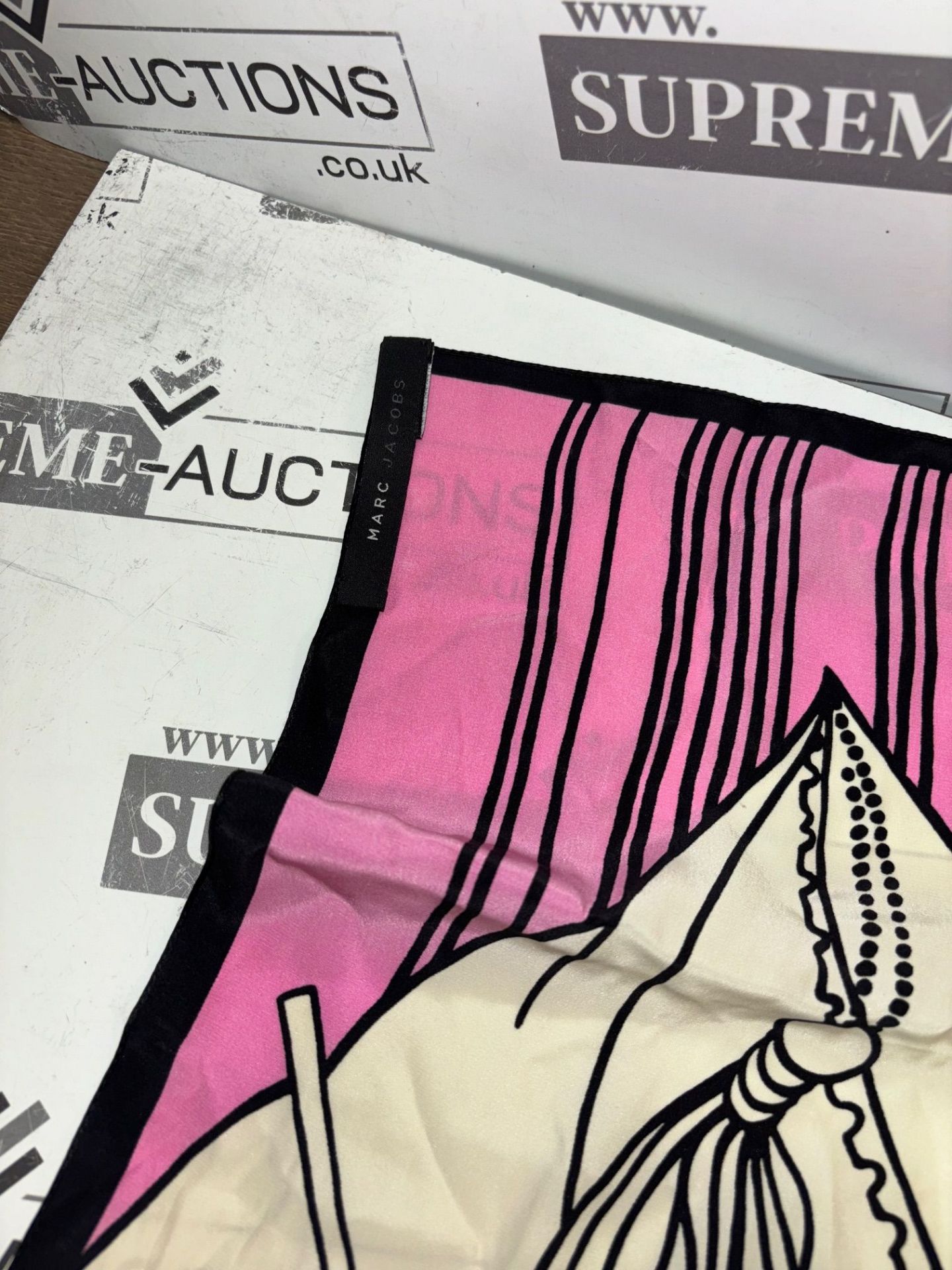 Genuine Marc Jacobs Pink and White Silk Square Scarf. - Image 2 of 4