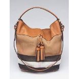 Genuine Burberry Saddle Brown Check Canvas Ashby Tassel Bucket Bag. RRP £595. The house of