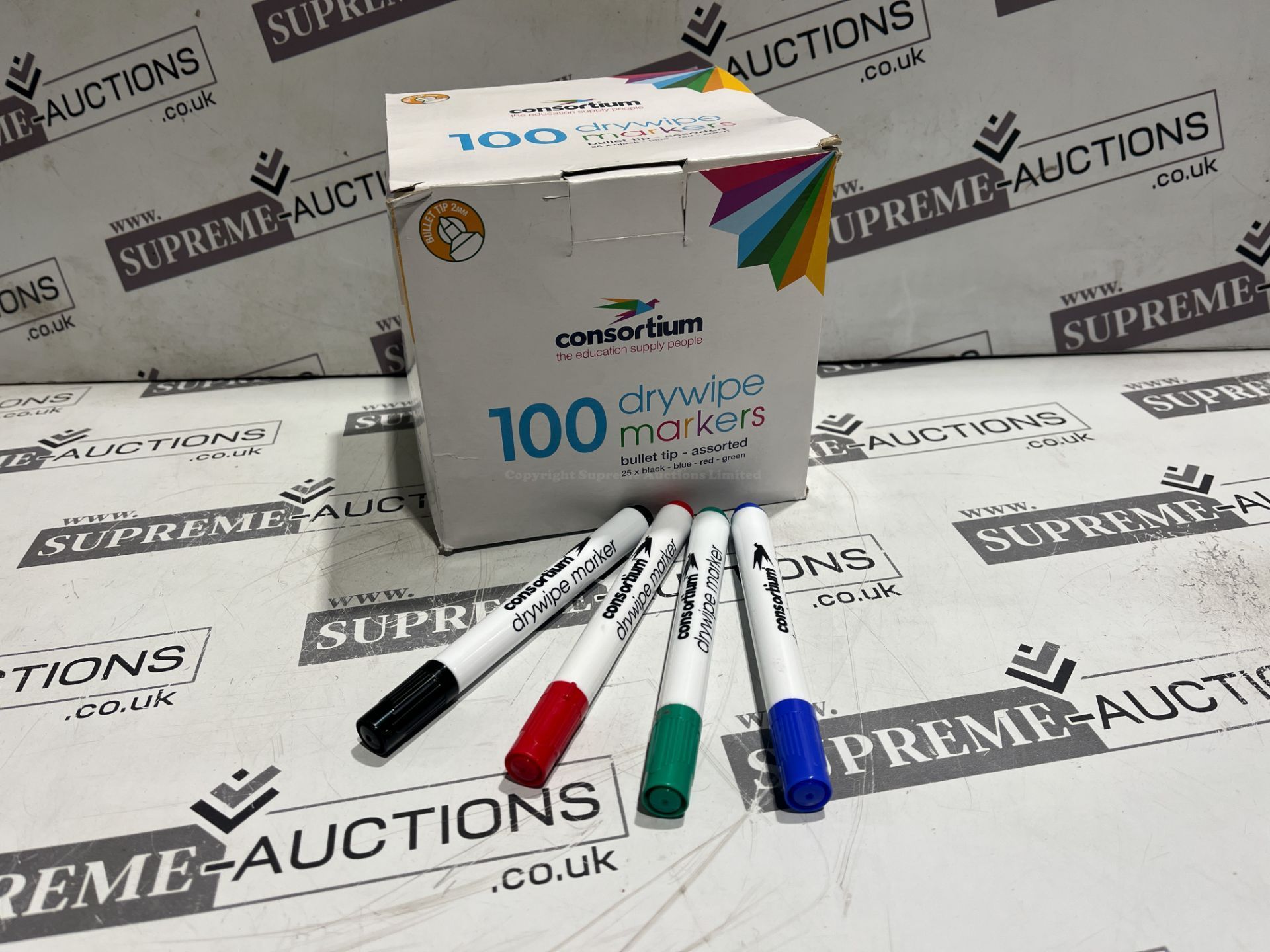 TRADE LOT 20 X BRAND NEW 100 PIECE PACKS OF ASSORTED BULLET TIP DRY WIPE MARKER PENS R1.12