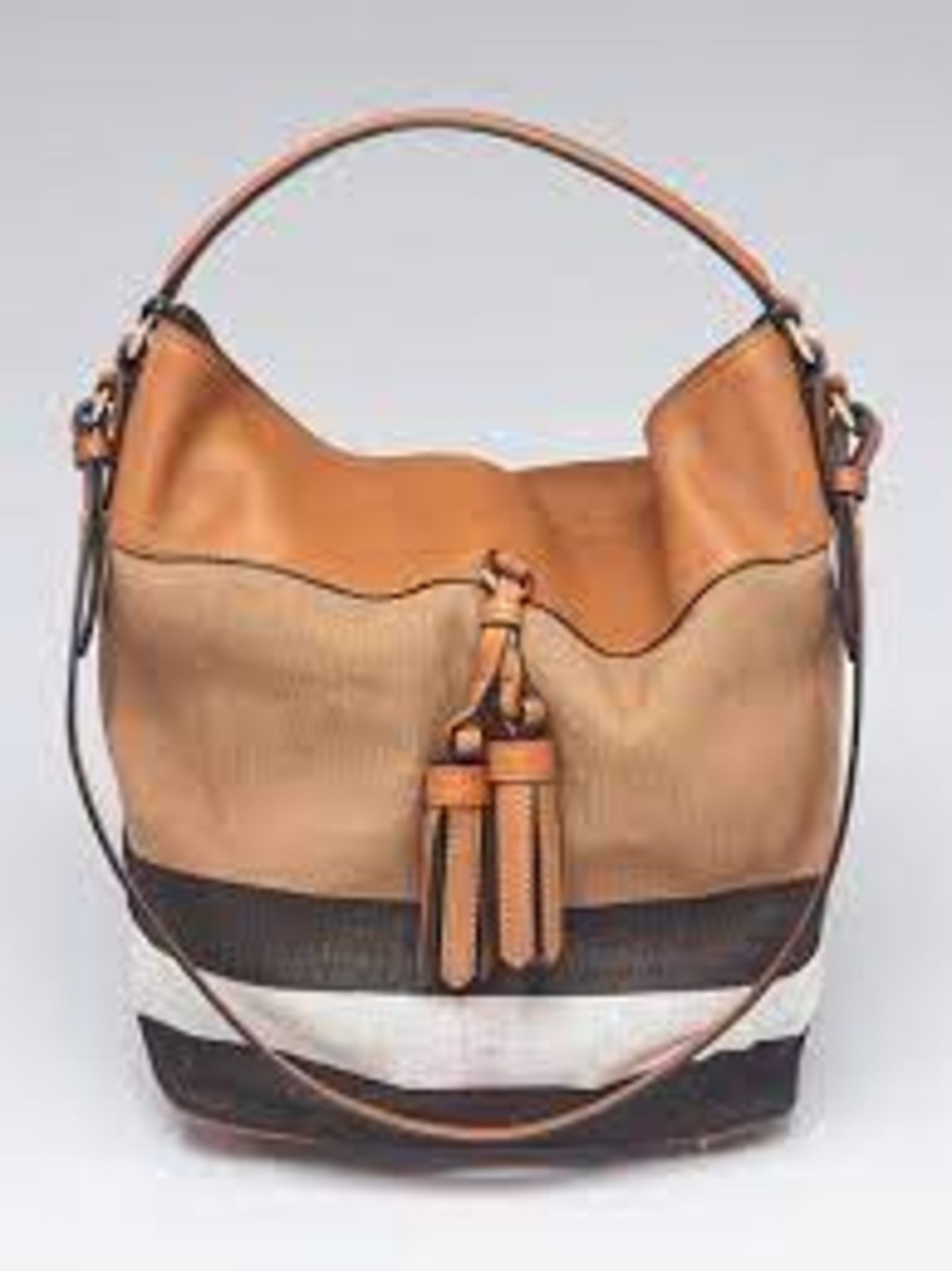 Genuine Burberry Saddle Brown Check Canvas Ashby Tassel Bucket Bag. RRP £595. The house of