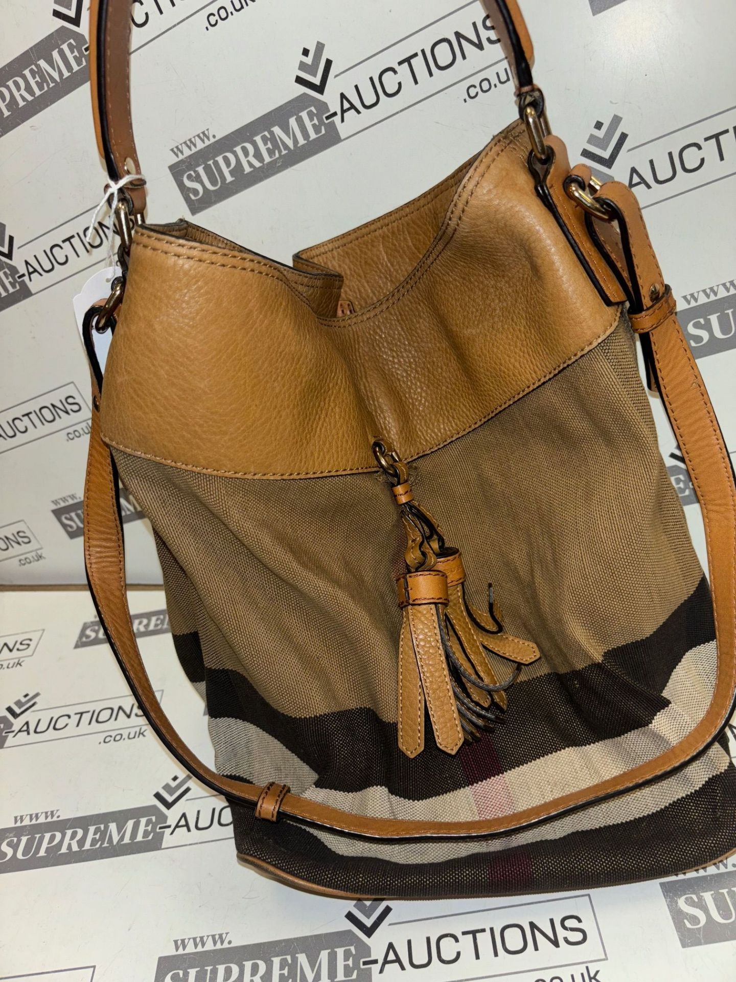 Genuine Burberry Saddle Brown Check Canvas Ashby Tassel Bucket Bag. RRP £595. The house of - Image 3 of 8