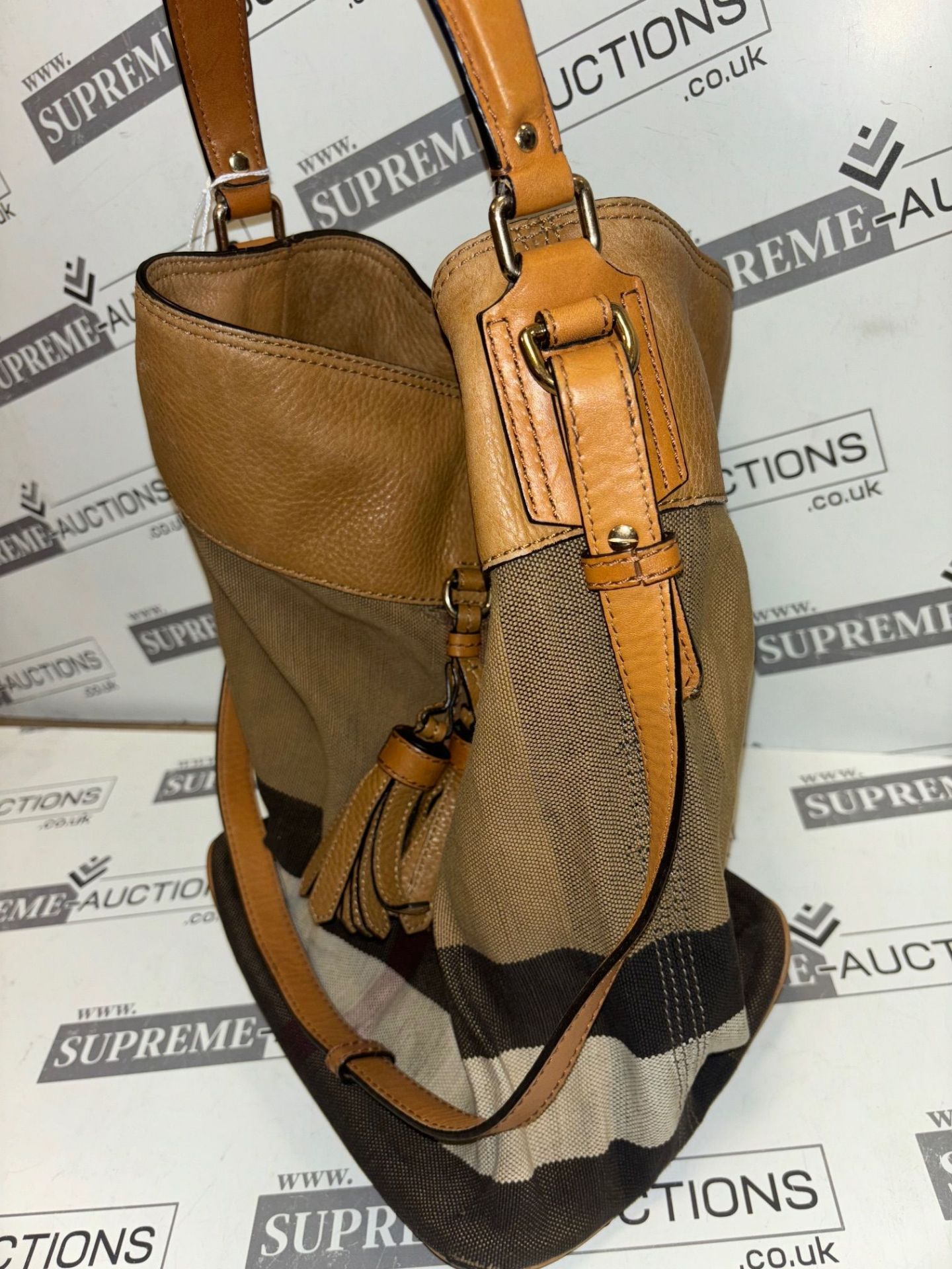Genuine Burberry Saddle Brown Check Canvas Ashby Tassel Bucket Bag. RRP £595. The house of - Image 6 of 8