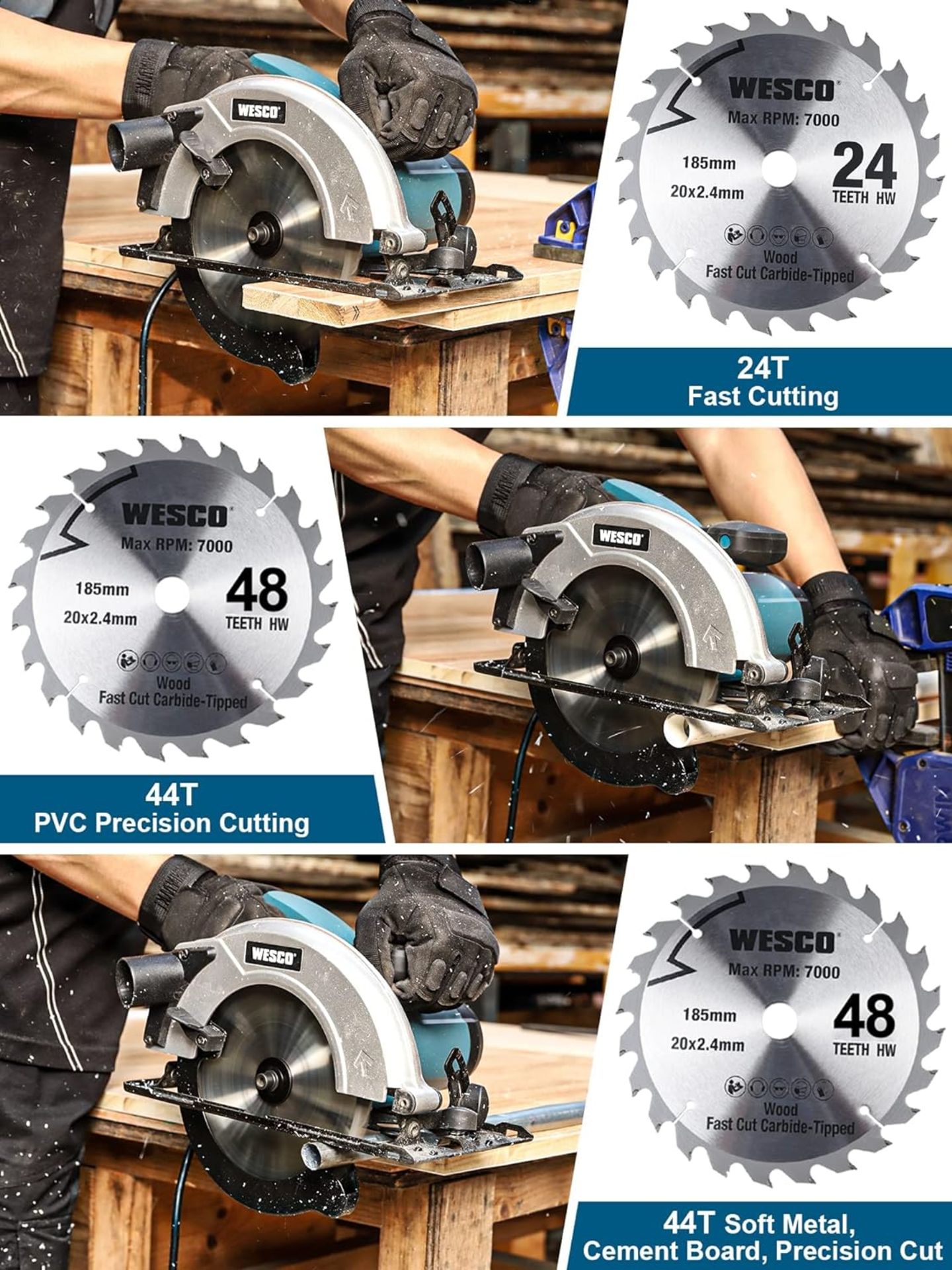 3x NEW & BOXED WESCO 1400W Electric Circular Saw. RRP £89 EACH. The 1400W copper circular saw has - Image 6 of 8