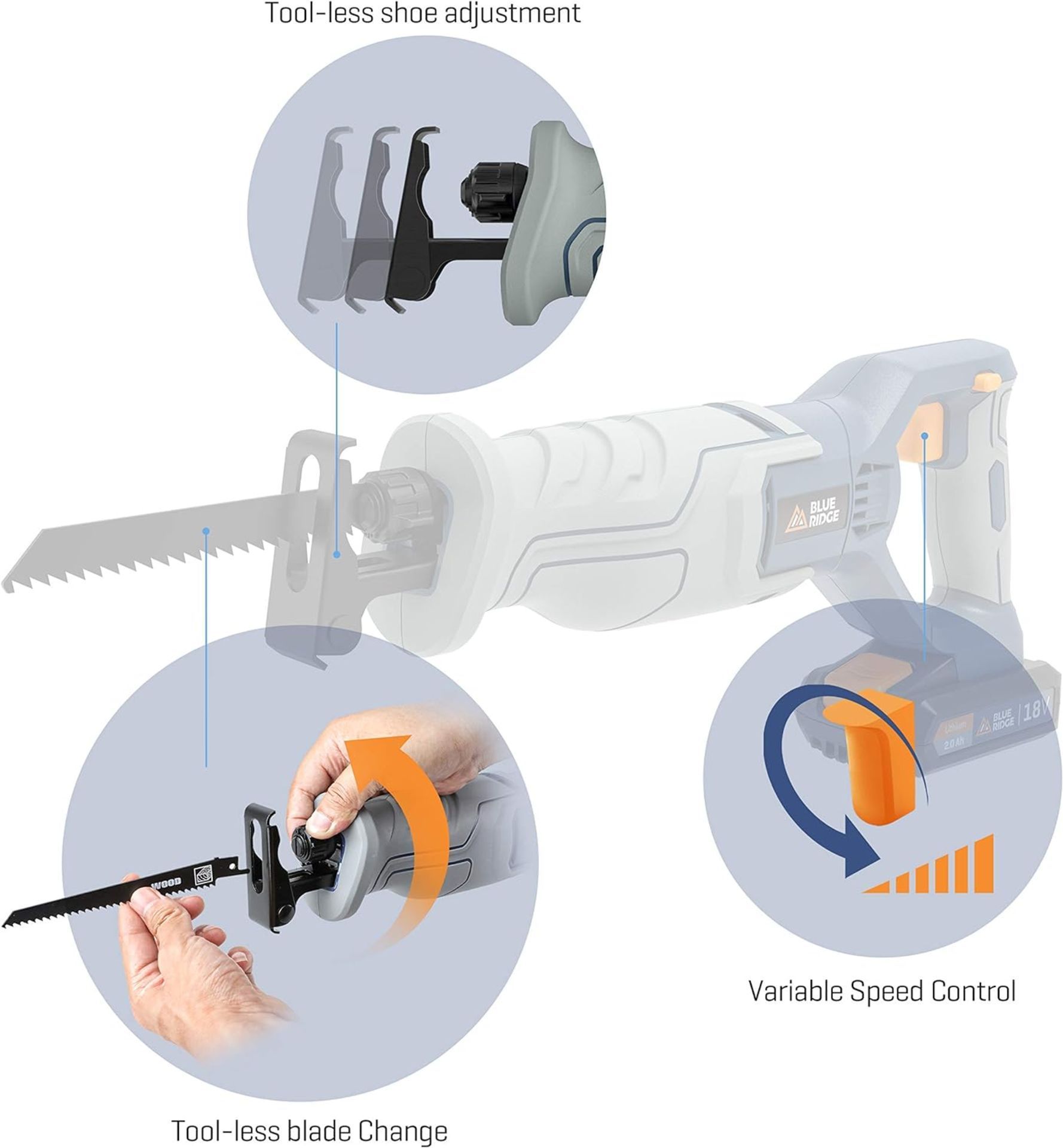 3x NEW & BOXED BLUE RIDGE 18V Reciprocating Cordless Sabre Saw with 2.0Ah Battery. RRP £99 EACH. - Image 6 of 6