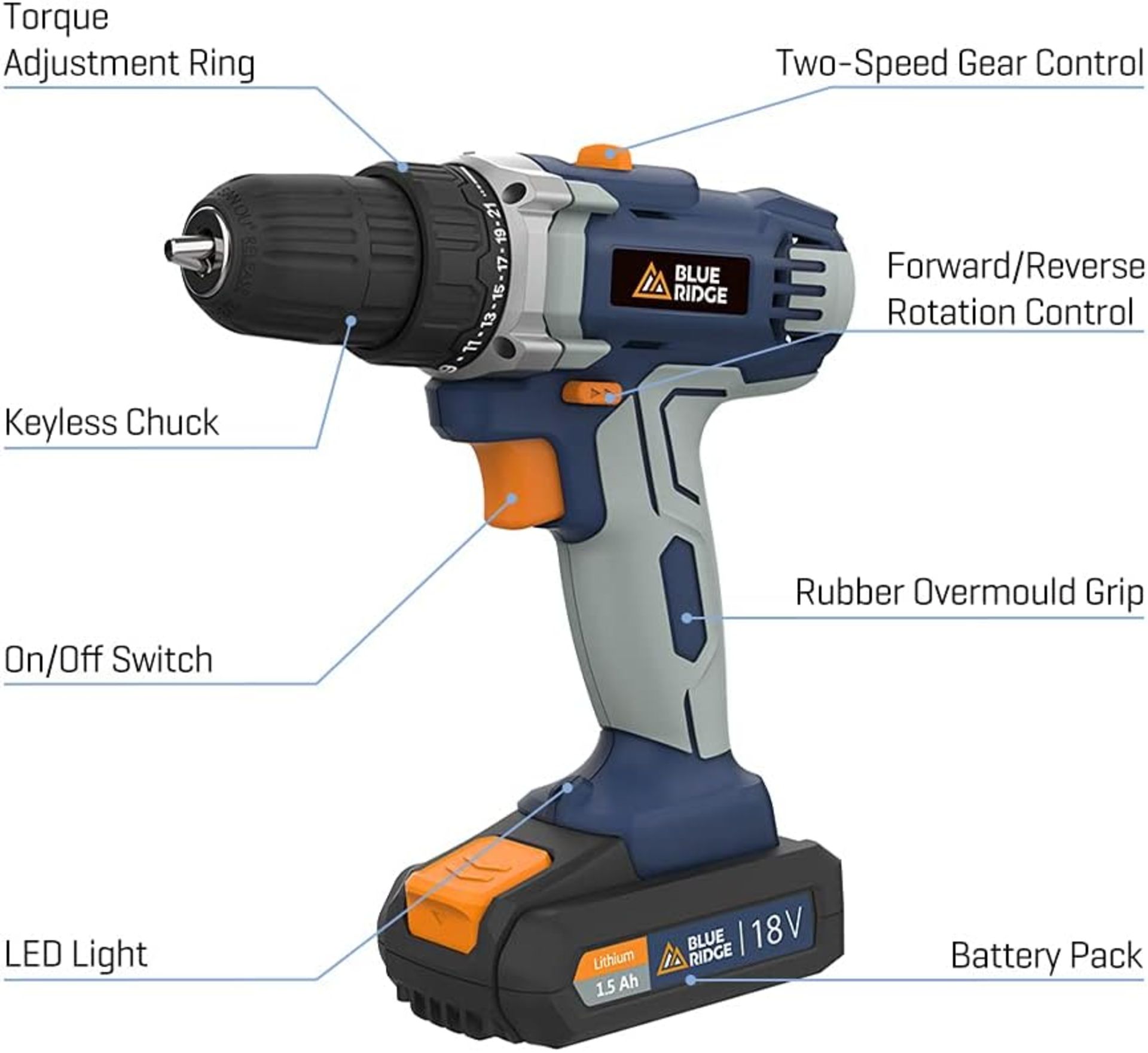 3x NEW & BOXED BLUE RIDGE 18V Cordless Drill Driver. RRP £89 EACH. The BlueRidge 18V cordless - Image 5 of 16