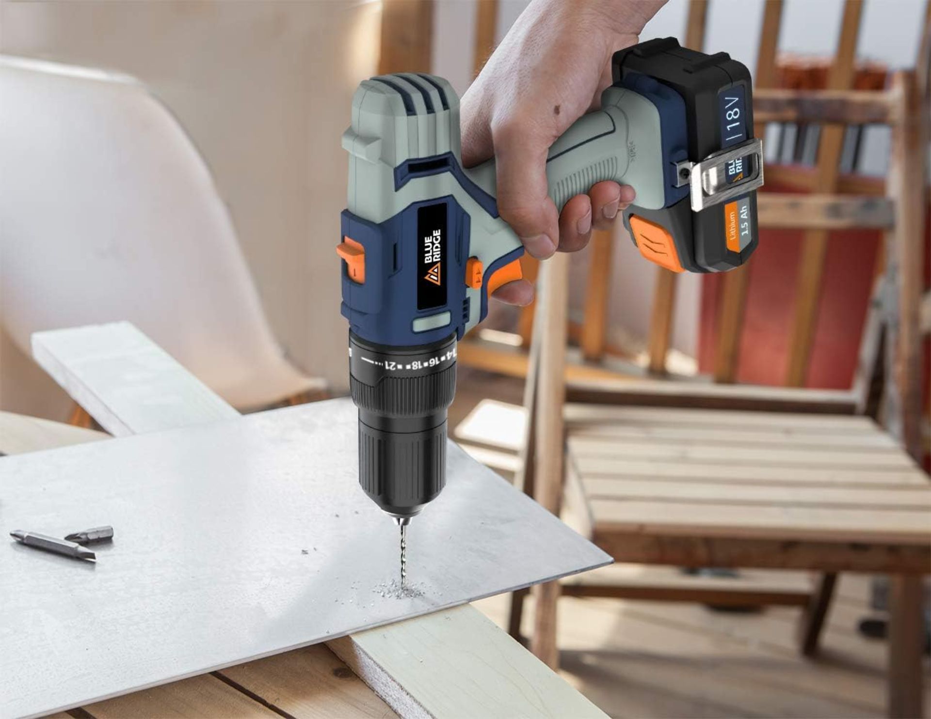 2x NEW & BOXED BLUE RIDGE 18V Cordless Hammer Drill with 2 x 1.5 Ah Li-ion Batteries & 43 Piece - Bild 4 aus 4