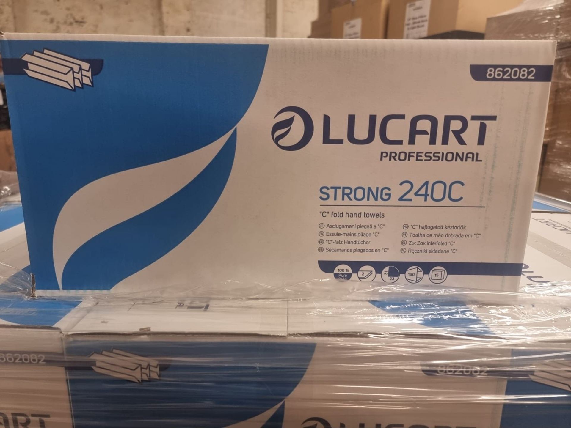 Pallet To Contain 25 x New Boxes of Lucart STRONG240C 2 Ply C-Fold Glue Embossed White each box - Image 2 of 3