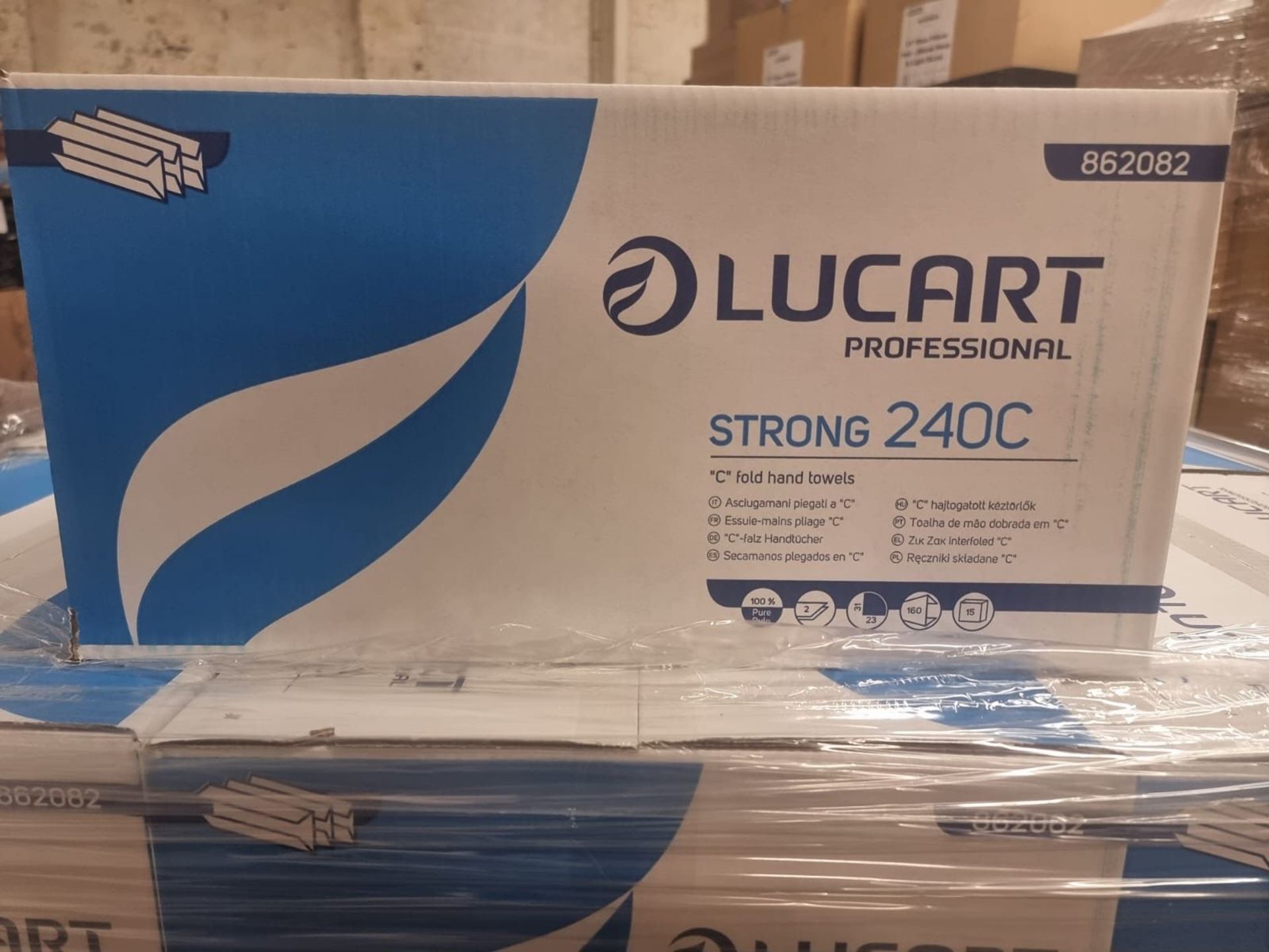 Pallet To Contain 25 x New Boxes of Lucart STRONG240C 2 Ply C-Fold Glue Embossed White each box