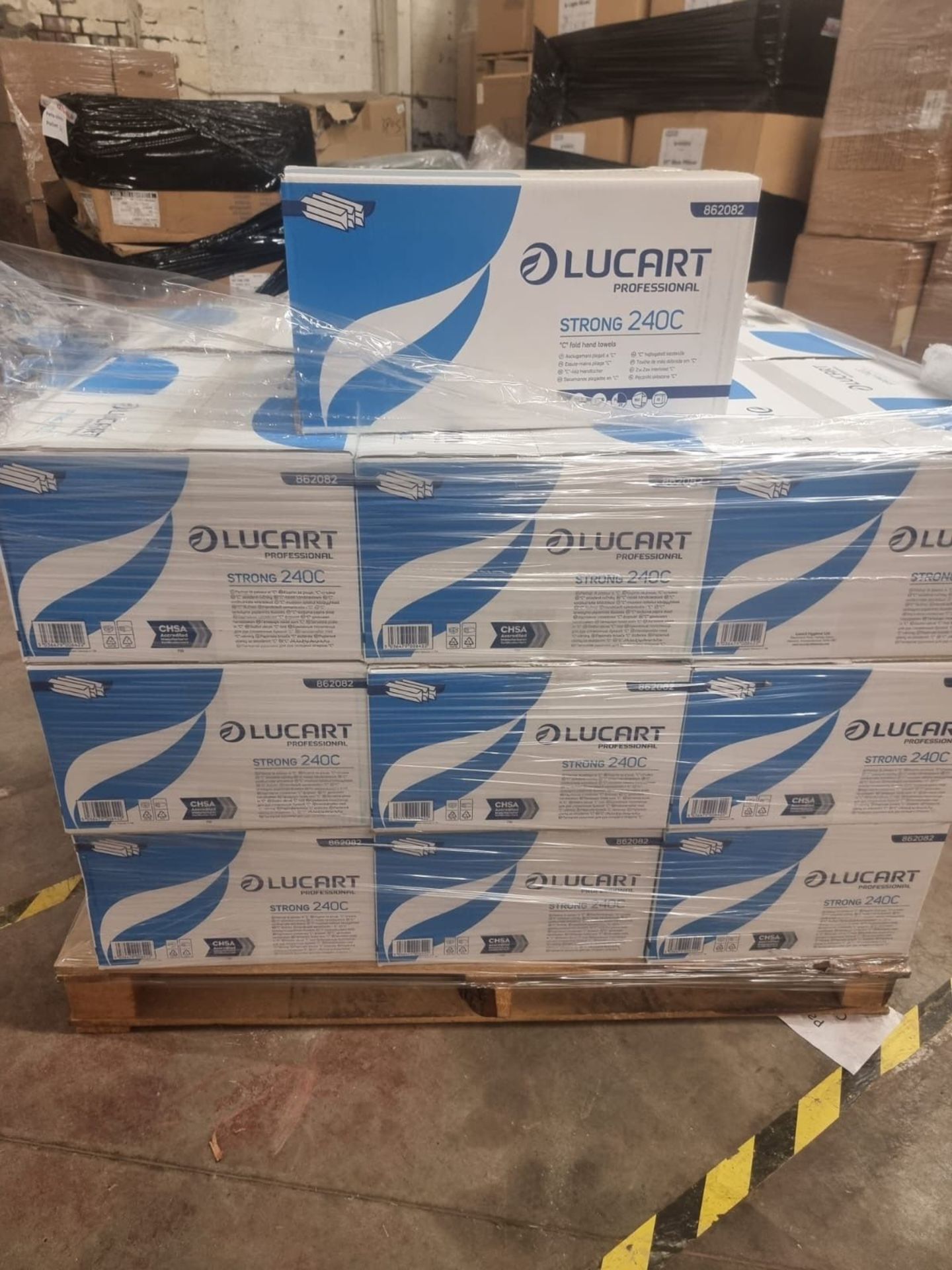 Pallet To Contain 25 x New Boxes of Lucart STRONG240C 2 Ply C-Fold Glue Embossed White each box