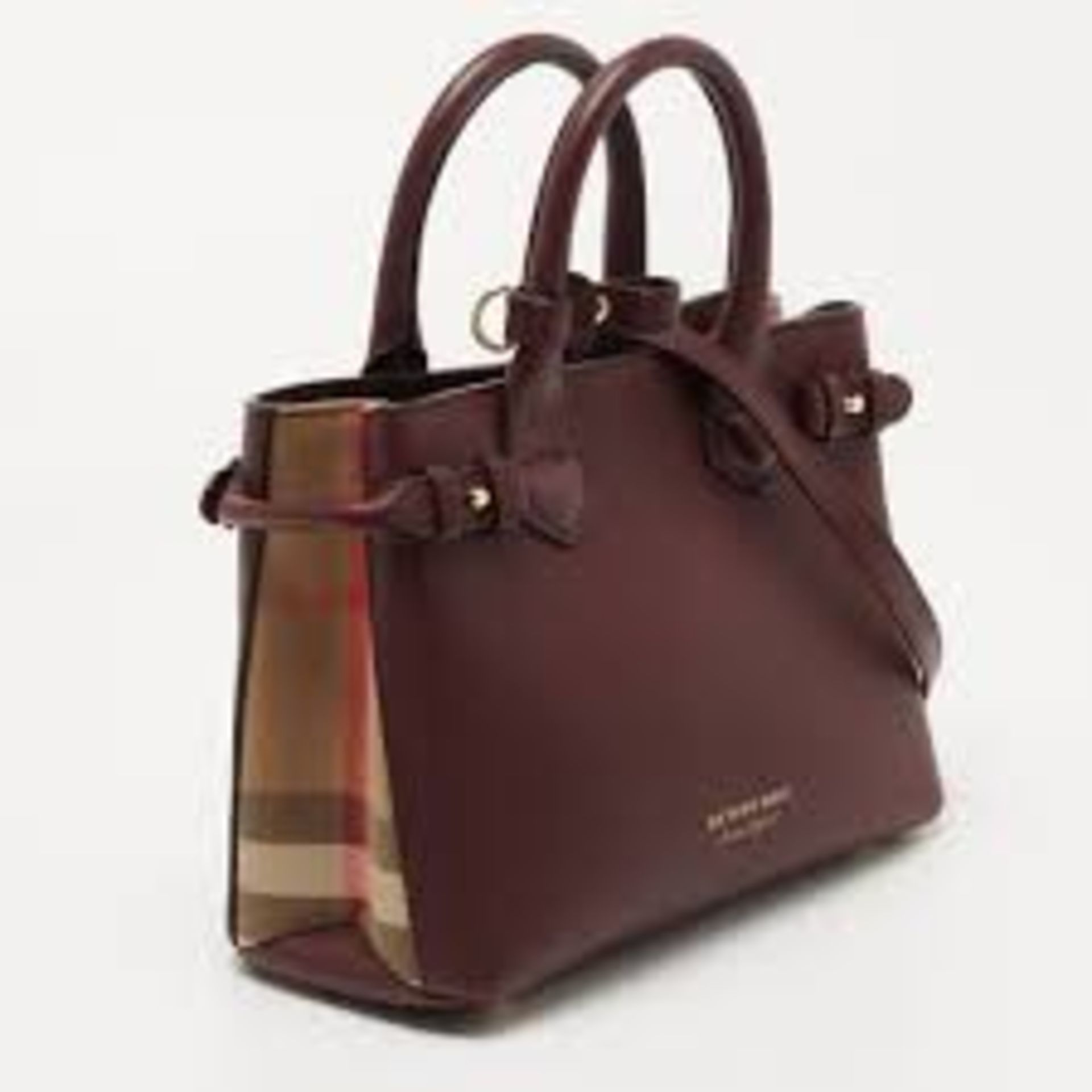 Burberry Derby Calfskin House Check Banner Tote Maroon. 37x25cm.