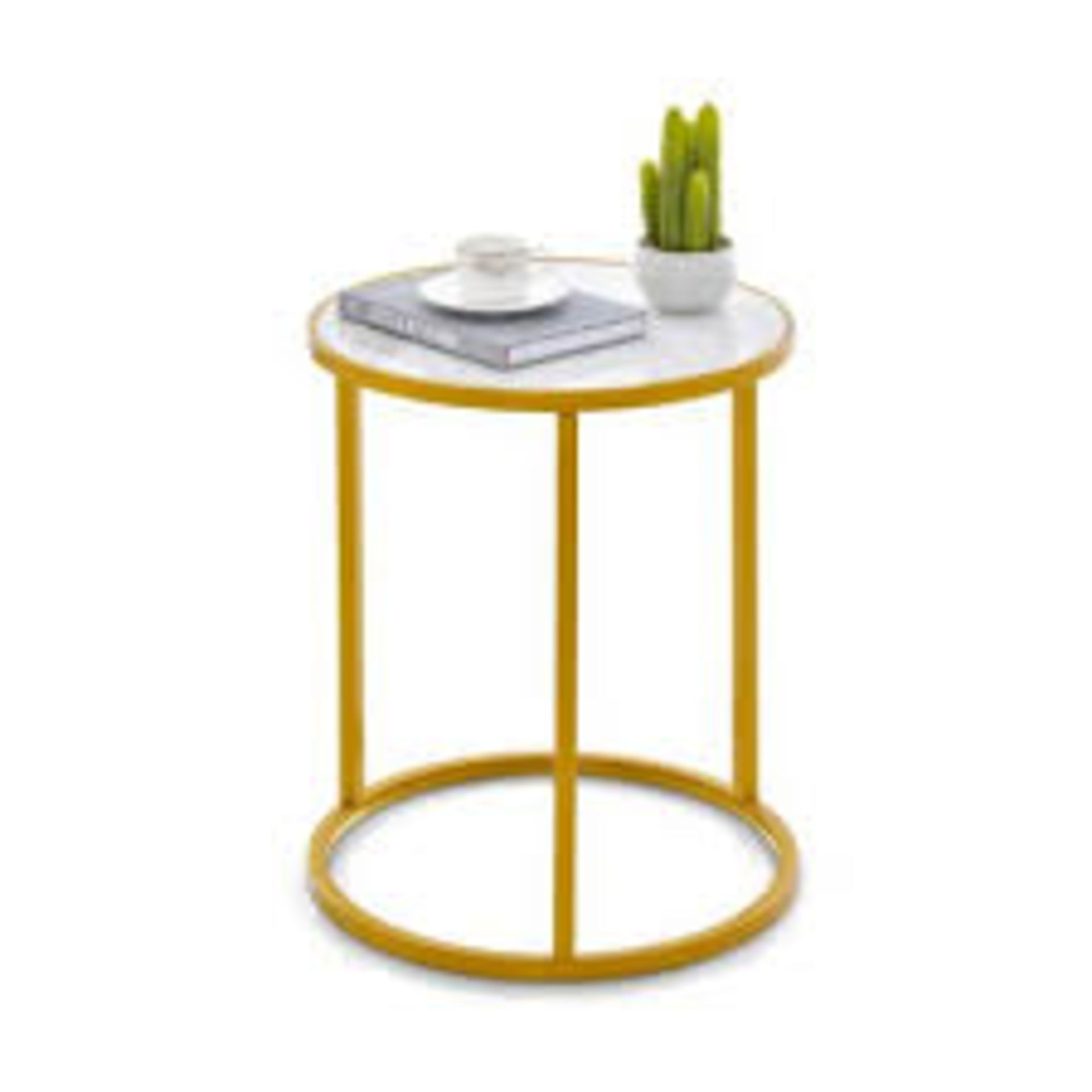 Marble Top Round Side Table with Golden Metal Frame. - R14.14. Featuring a white marble top and a