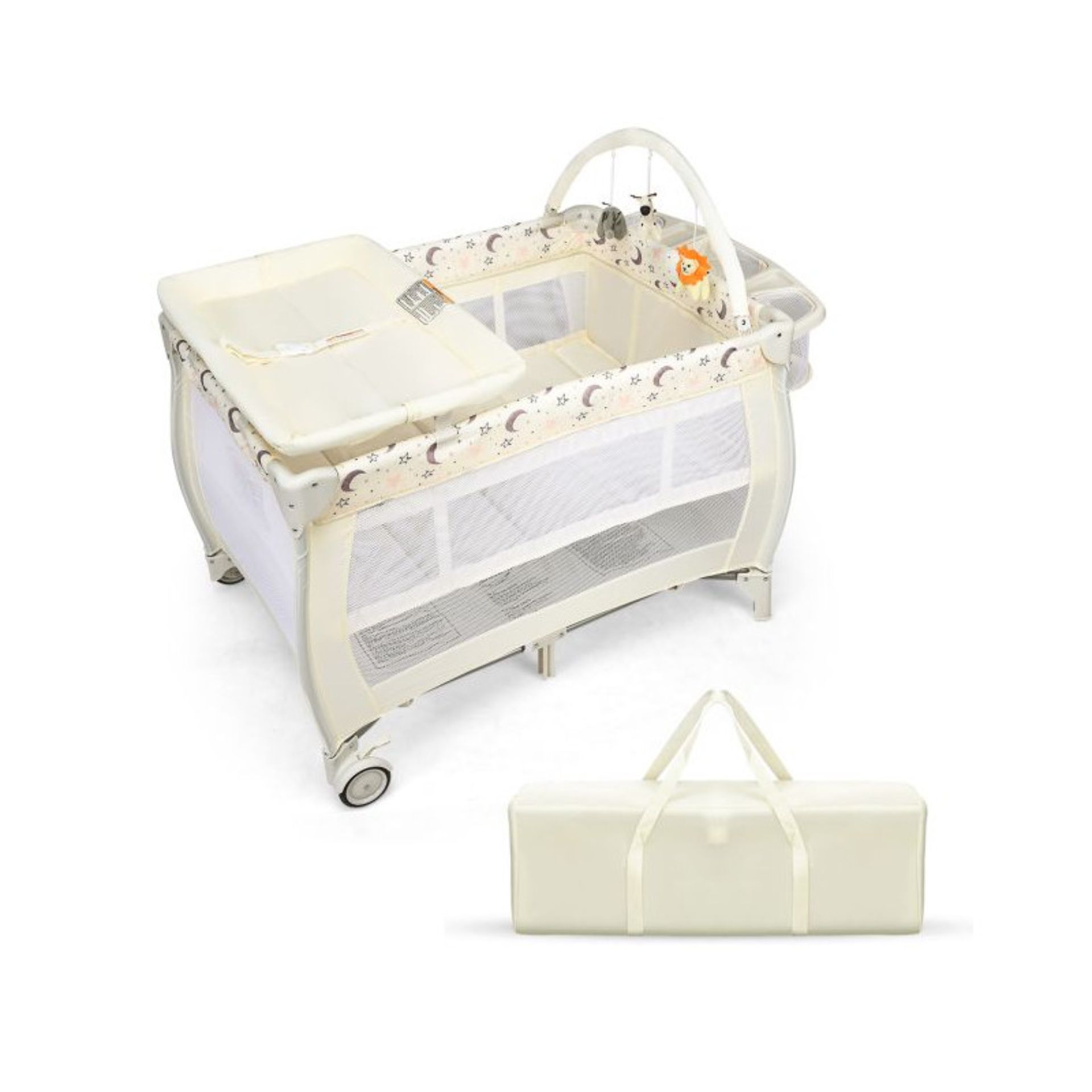 3 IN 1 CONVERTIBLE BASSINET COT WITH CHANGING TABLE AND TOY BAR. - R13a.13.