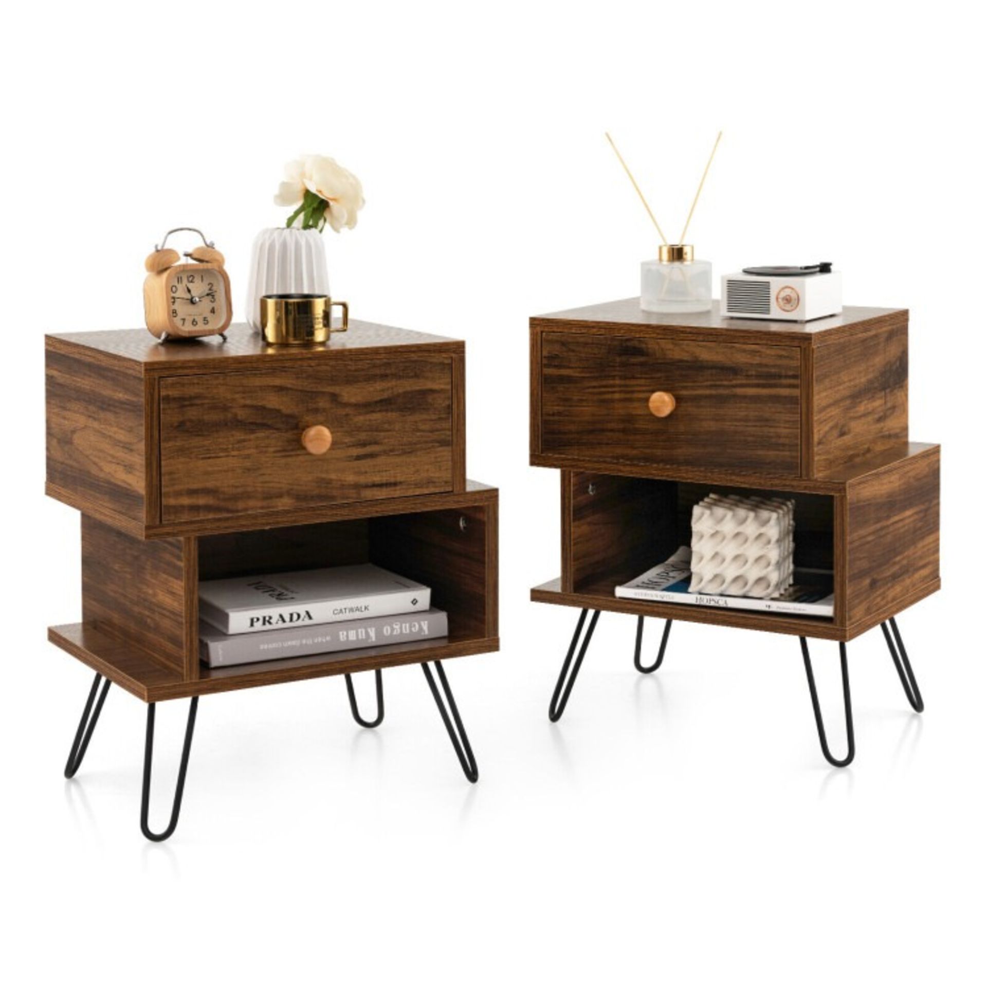 Set of 2 Irregular 2-Tier Wooden Nightstands with Elevated Metal Feet - ER53