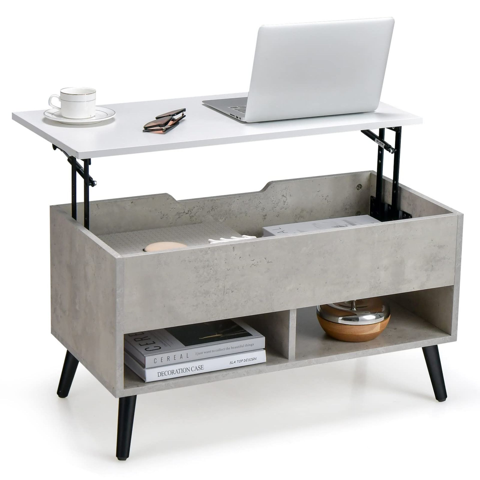 Lift Up Top Coffee Table, Wooden Lifting Cocktail Center Table with Hidden Storage Grey - ER54